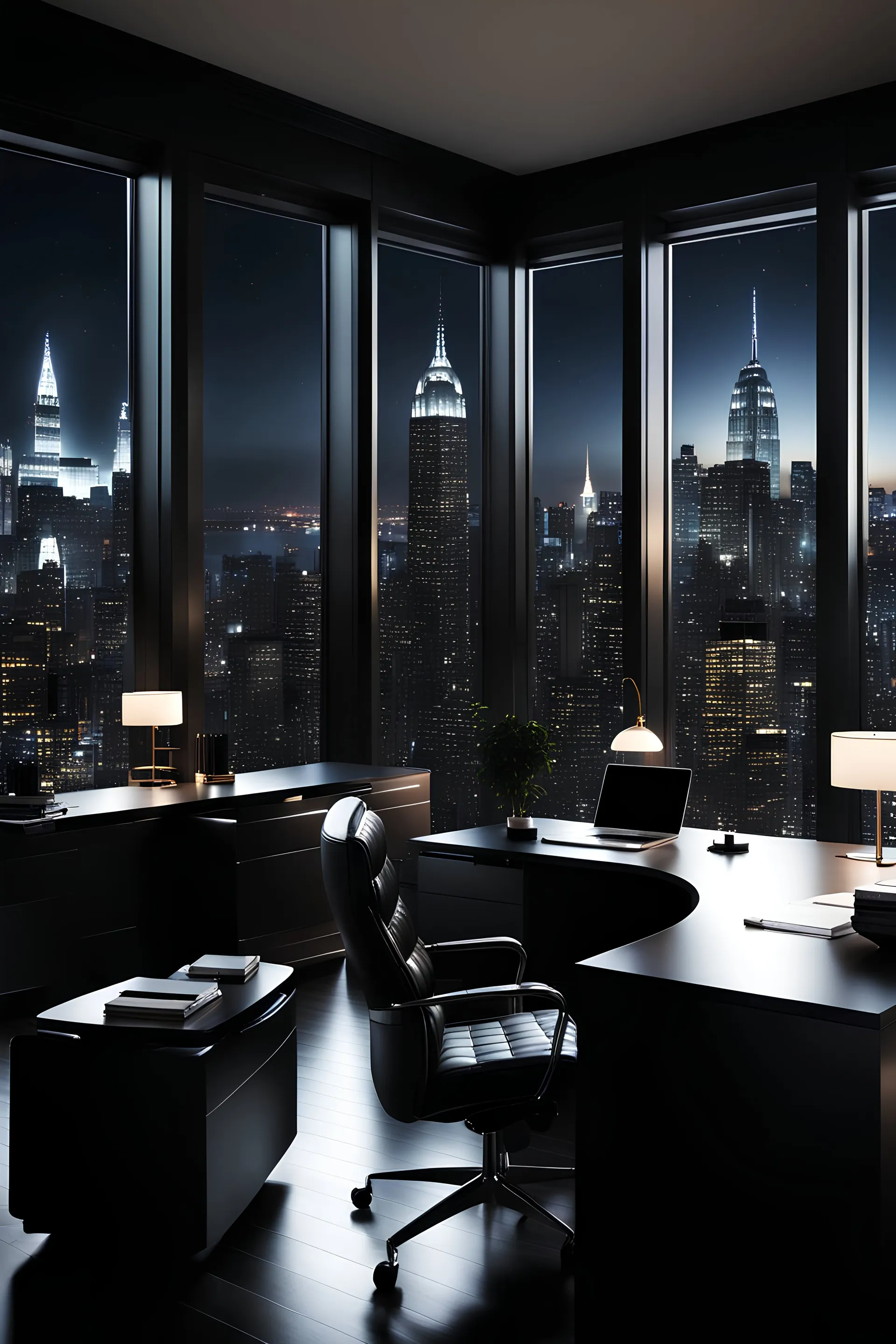 Generate a stunning UHQ photo capturing the essence of a vast office workspace bathed in the soft glow of night lights. The clean lines and neutral colors of the modern office create an atmosphere of sophistication and professionalism. Through the large window, reveal a breathtaking panorama of Gotham City at midnight, with the iconic skyline illuminated against the dark night sky.