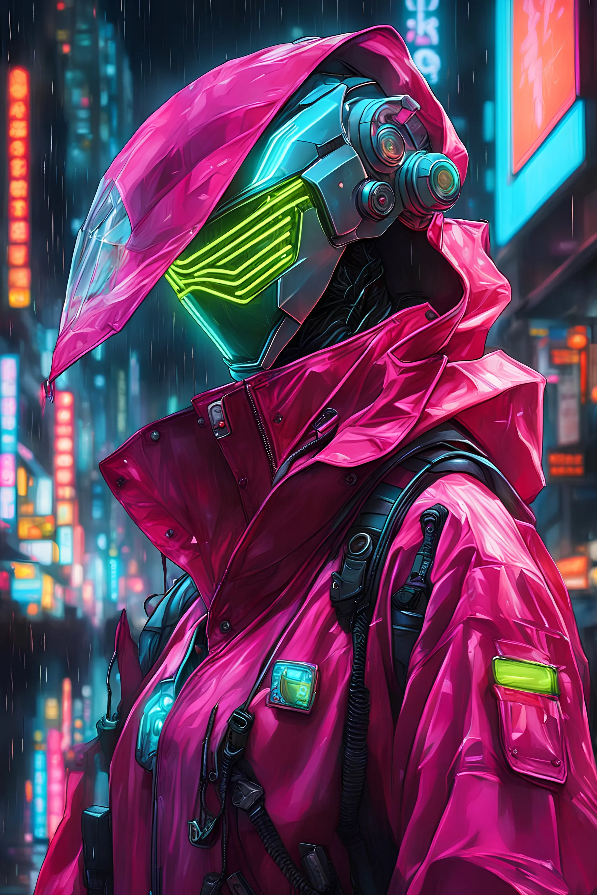 mask, neon, robot, masterpiece, best quality, half body, portrait, night city, anime, 3D, Korea, pixar, realistic, robo cop, harajuku fashion style, rain coat, beautiful, colourful, neon lights, cyberpunk, illustration, by stanley artgerm lau, sideways glance, foreshortening, extremely detailed 8K, smooth, high resolution, ultra quality, highly details, glare, side view,