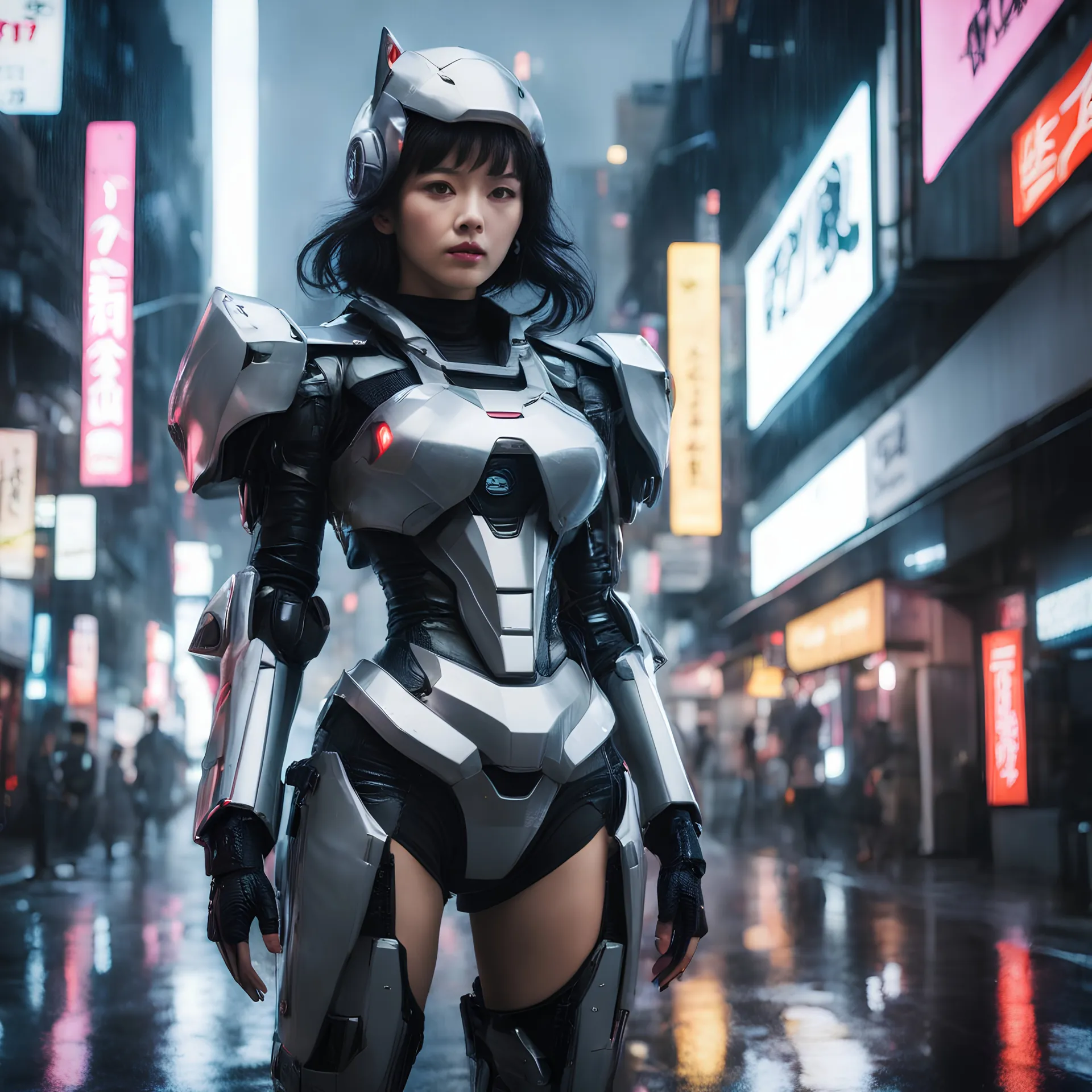 8k, cyber woman, robotic outfit, on dystopic futurist Tokyo streets, rainy, nightly.