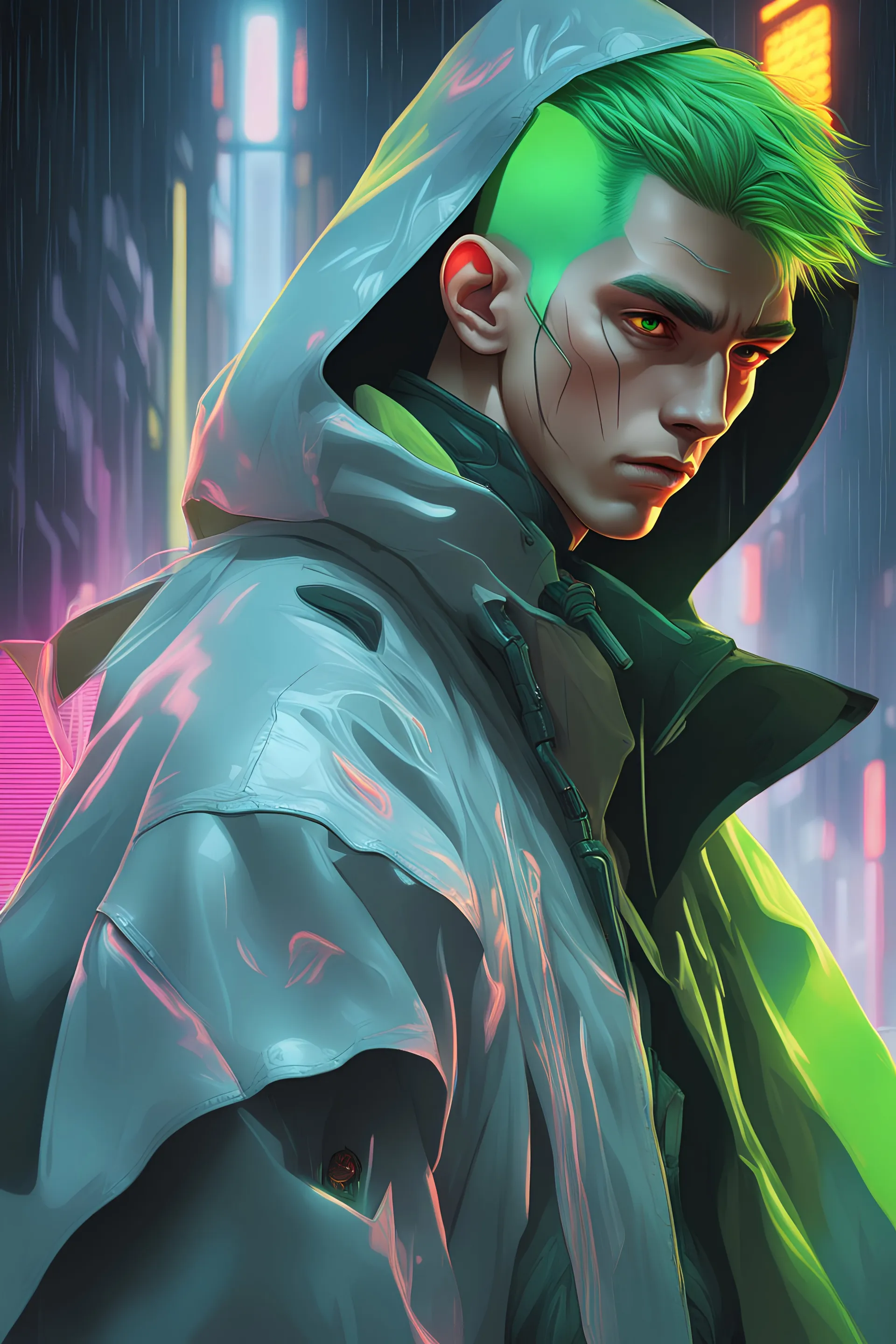 neon future man , masterpiece, best quality, half body, green hair, stormy night, 1man, anime, 3D, Russia, pixar, futuristic, young man, sharp eyes, sharp face, harajuku fashion style, rain coat, strong, colourful, neon lights, cyberpunk, smooth skin, illustration, by stanley artgerm lau, sideways glance, foreshortening, extremely detailed 8K, smooth, high resolution, ultra quality, highly detail eyes, highly detail mouth, highly detailed face, perfect eyes, both eyes are the same, glare, Irides