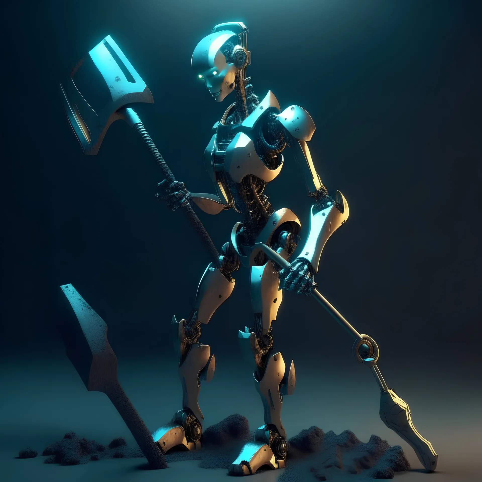 Sexy crypto mining female robot holding a pick axe. Fantasy cyberpunk style. CG render high quality detailed graphics.