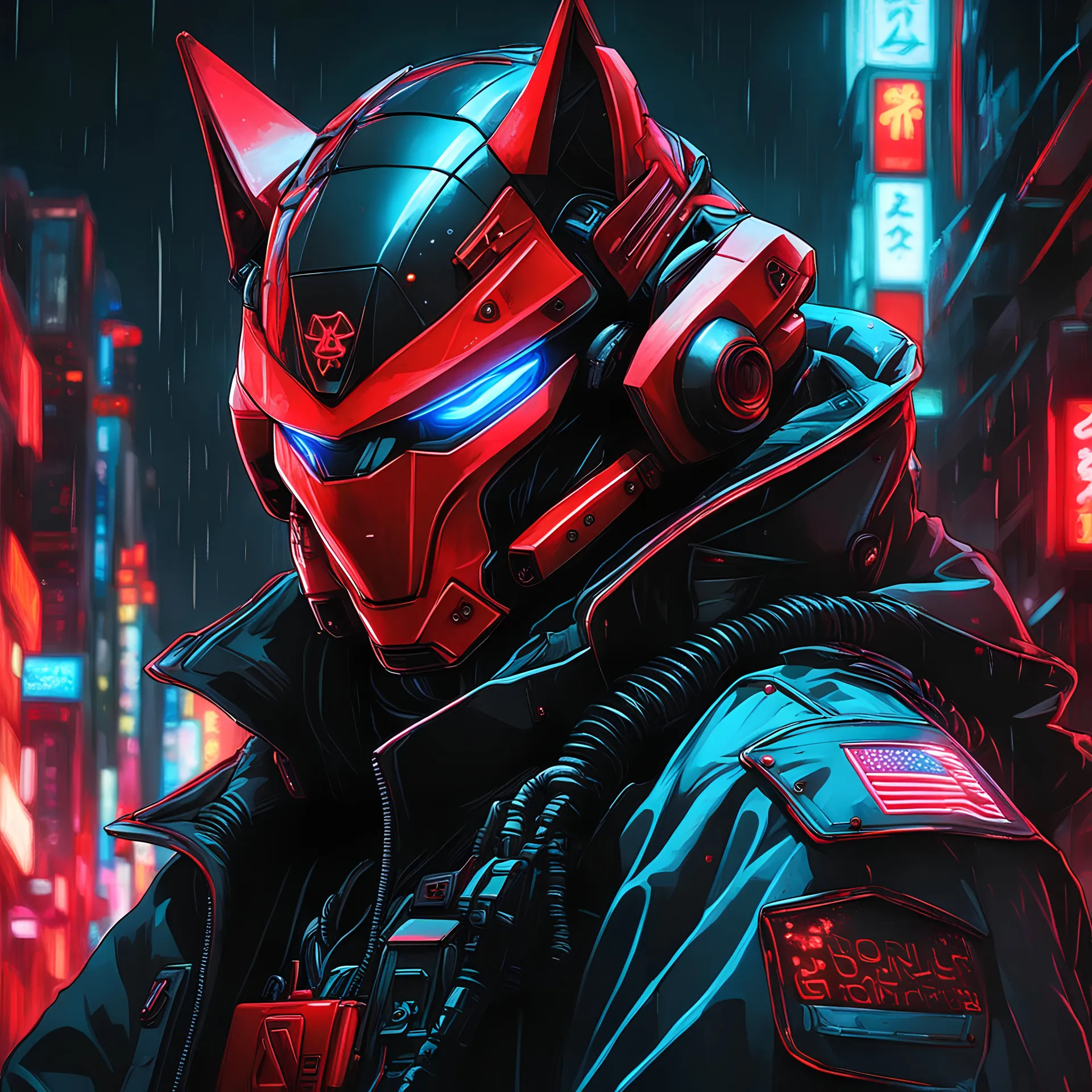 neon red robot cop, wolf head jacket, masterpiece, best quality, half body, portrait, night city, anime, 3D, Korea, pixar, realistic, robo cop, harajuku fashion style, rain coat, beautiful, colourful, neon lights, cyberpunk, illustration, by stanley artgerm lau, sideways glance, foreshortening, extremely detailed 8K, smooth, high resolution, ultra quality, highly details, glare, side view,