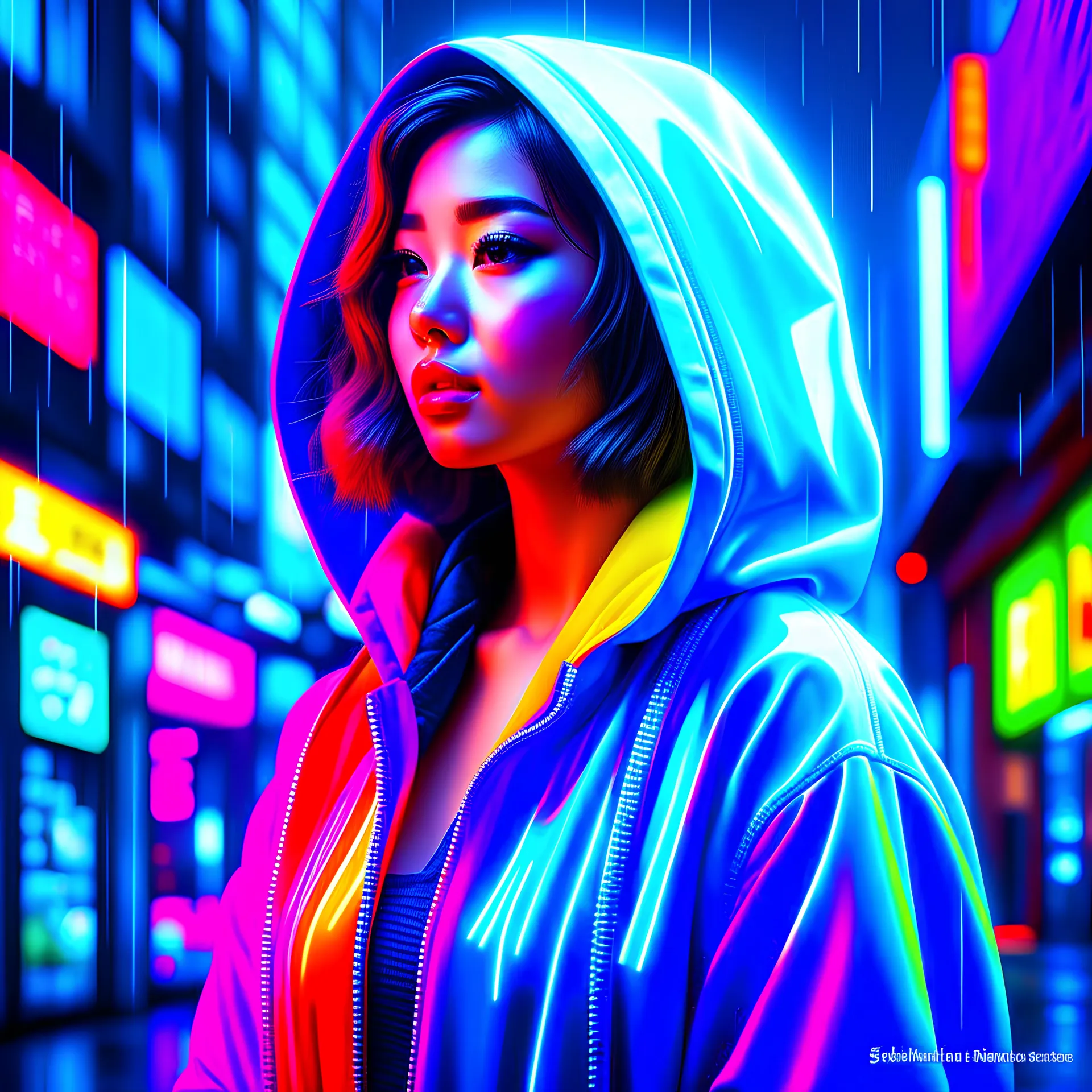 neon korean woman, masterpiece, best quality, half body, portrait, night city, 1girl, anime, 3D, Japan, pixar, realistic, teen girl, smiling, cute face, harajuku fashion style, rain coat, beautiful, colourful, neon lights, cyberpunk, smooth skin, illustration, by stanley artgerm lau, sideways glance, foreshortening, extremely detailed 8K, smooth, high resolution, ultra quality, highly detail eyes, highly detail mouth, highly detailed face, perfect eyes, both eyes are the same, glare, Iridescent