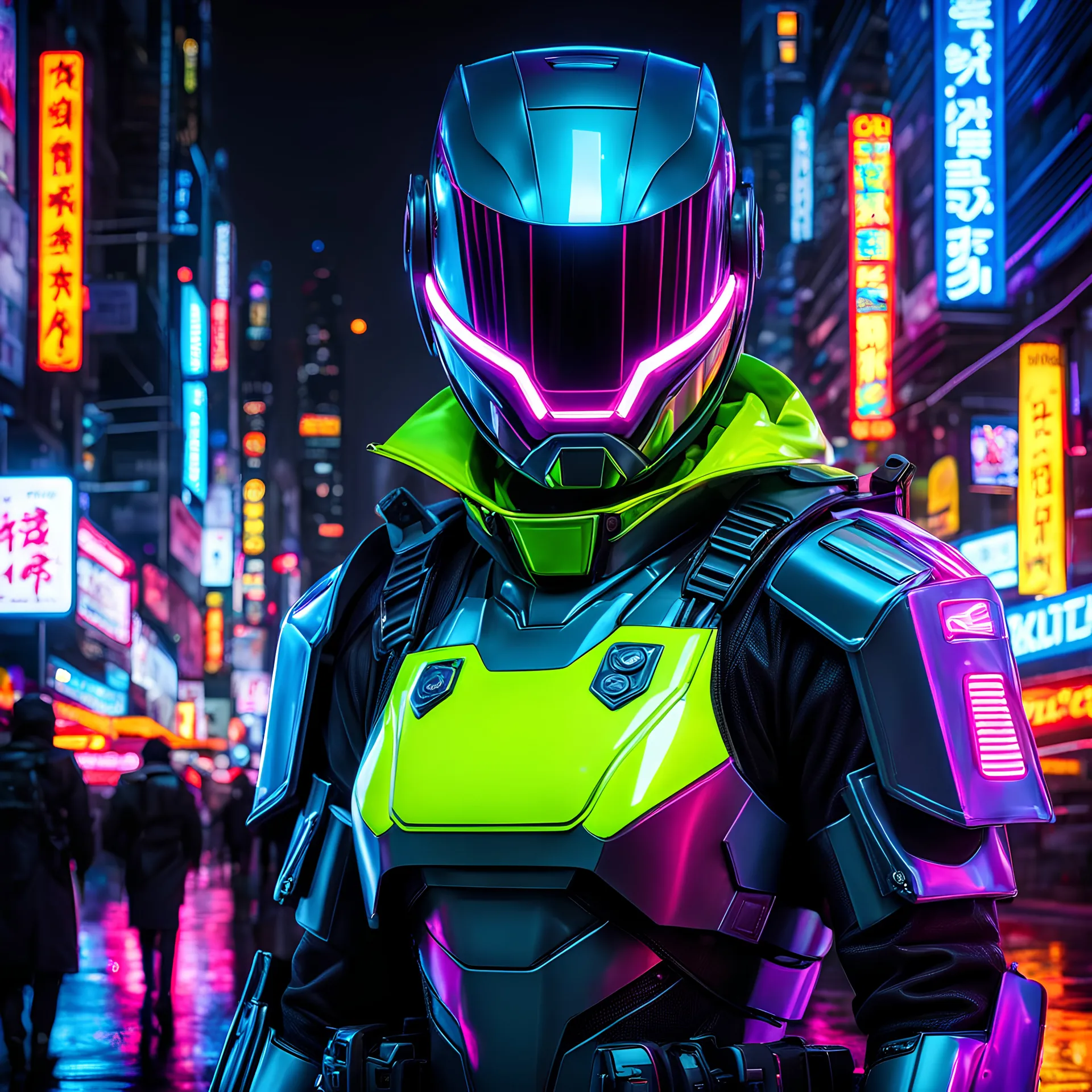 neon robot cop, masterpiece, best quality, half body, portrait, night city, anime, 3D, Korea, pixar, realistic, robo cop, harajuku fashion style, rain coat, beautiful, colourful, neon lights, cyberpunk, illustration, by stanley artgerm lau, sideways glance, foreshortening, extremely detailed 8K, smooth, high resolution, ultra quality, highly details, glare, side view,