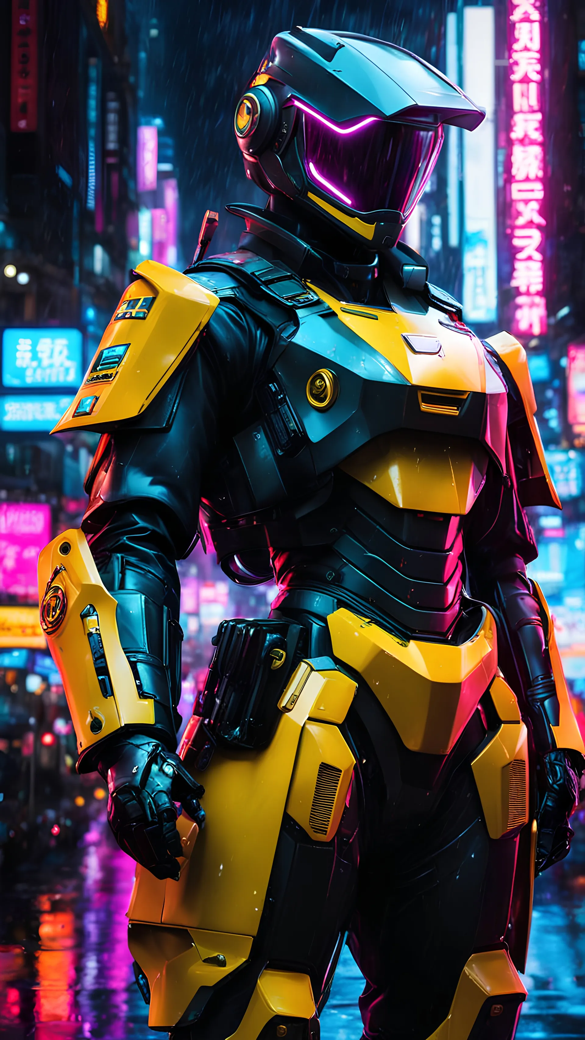 neon robot cop, masterpiece, best quality, half body, portrait, night city, anime, 3D, Korea, pixar, realistic, robo cop, harajuku fashion style, rain coat, beautiful, colourful, neon lights, cyberpunk, illustration, by stanley artgerm lau, sideways glance, foreshortening, extremely detailed 8K, smooth, high resolution, ultra quality, highly details, glare, side view,