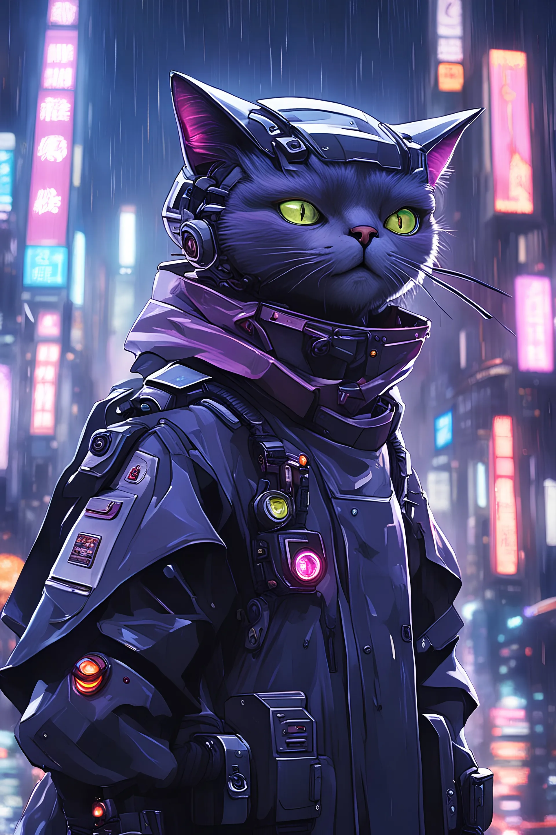 dark purple cat robot , masterpiece, best quality, half body, portrait, night city, anime, 3D, China, pixar, realistic, robo cop, rain coat, beautiful, colourful, dark blue lights, cyberpunk, illustration, sideways glance, foreshortening, extremely detailed 8K, smooth, high resolution, ultra quality, highly details, glare, side view , black dark purple color