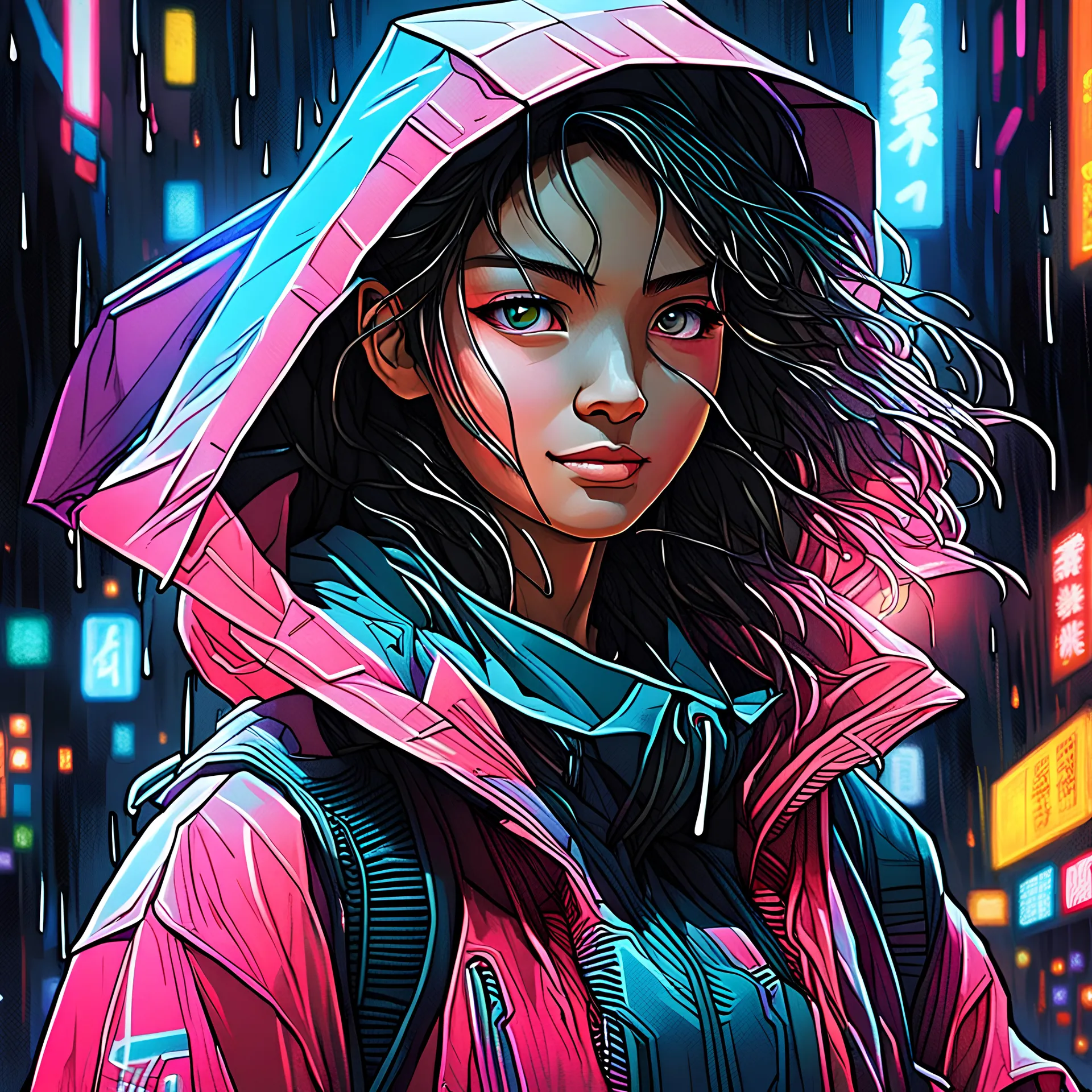 masterpiece, best quality, half body, portrait, night city, 1girl, anime, 3D, Japan, pixar, realistic, teen girl, smiling, cute face, harajuku fashion style, rain coat, beautiful, colourful, neon lights, cyberpunk, smooth skin, illustration, by stanley artgerm lau, sideways glance, foreshortening, extremely detailed 8K, smooth, high resolution, ultra quality, highly detail eyes, highly detail mouth, highly detailed face, perfect eyes, both eyes are the same, glare, Iridescent, JUSTROY logo