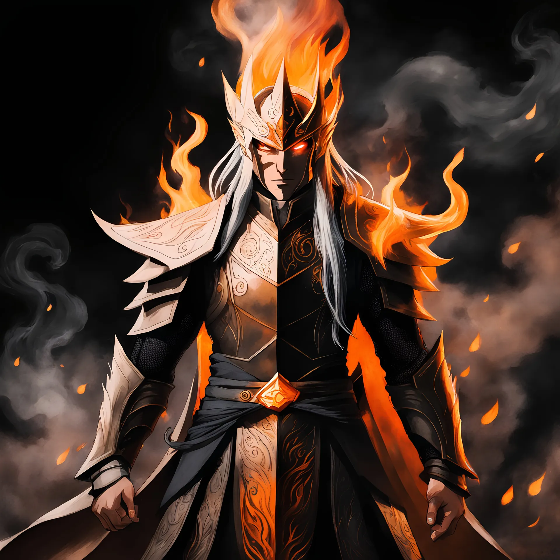 Sauron from LOTR in his elven form in flames and smoke in naruto anime drawing art style, watercolor, with a dark background