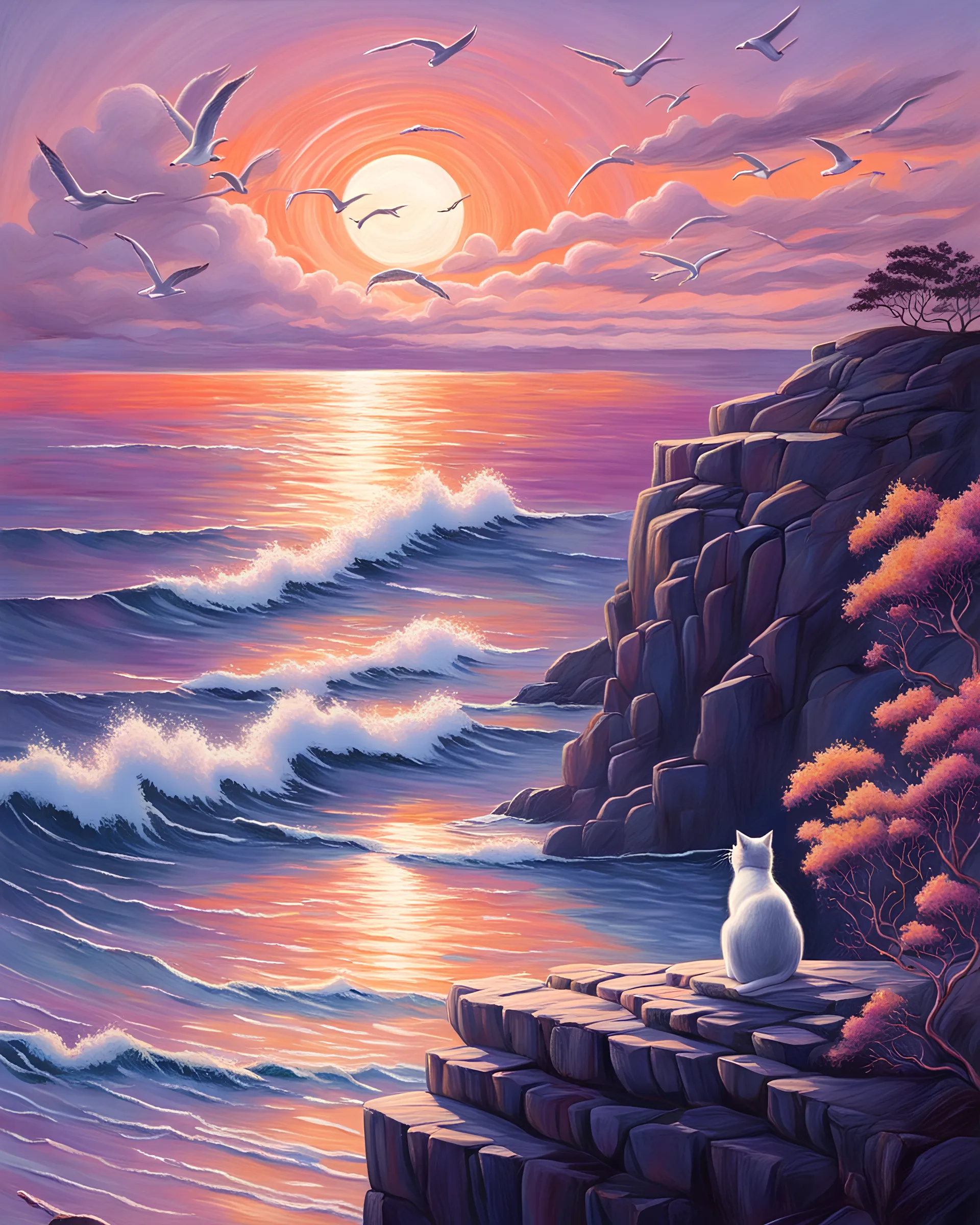 Pastel drawing of a cat meditating on a sea cliff over a sunset ocean, soothing gradients of orange, pink, and purple, seagulls gliding in the distance, peaceful waves providing a rhythmic soundscape, a sense of pure relaxation and connection with the elements,