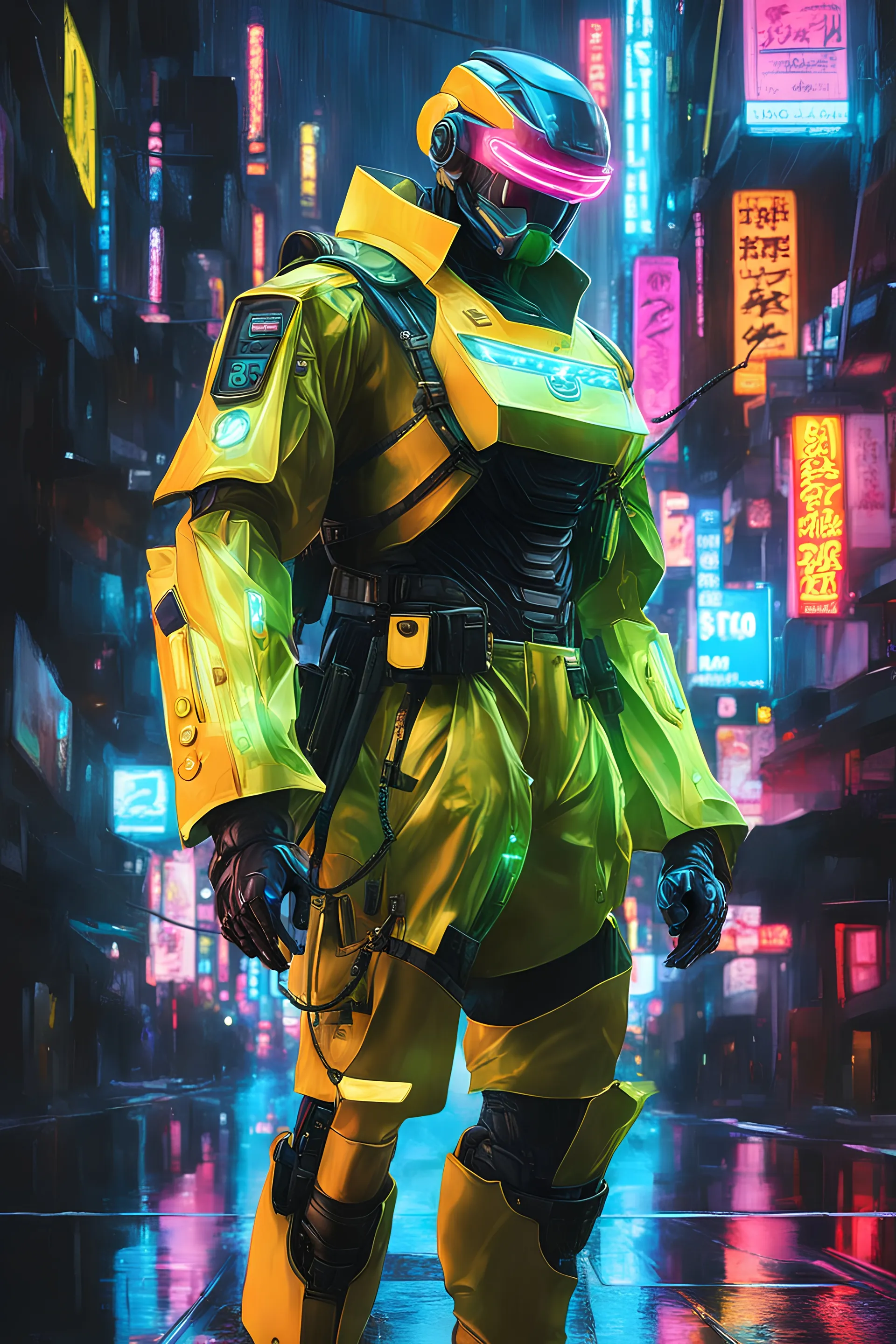 neon robot cop, masterpiece, best quality, half body, portrait, night city, anime, 3D, Korea, pixar, realistic, robo cop, harajuku fashion style, rain coat, beautiful, colourful, neon lights, cyberpunk, illustration, by stanley artgerm lau, sideways glance, foreshortening, extremely detailed 8K, smooth, high resolution, ultra quality, highly details, glare, side view