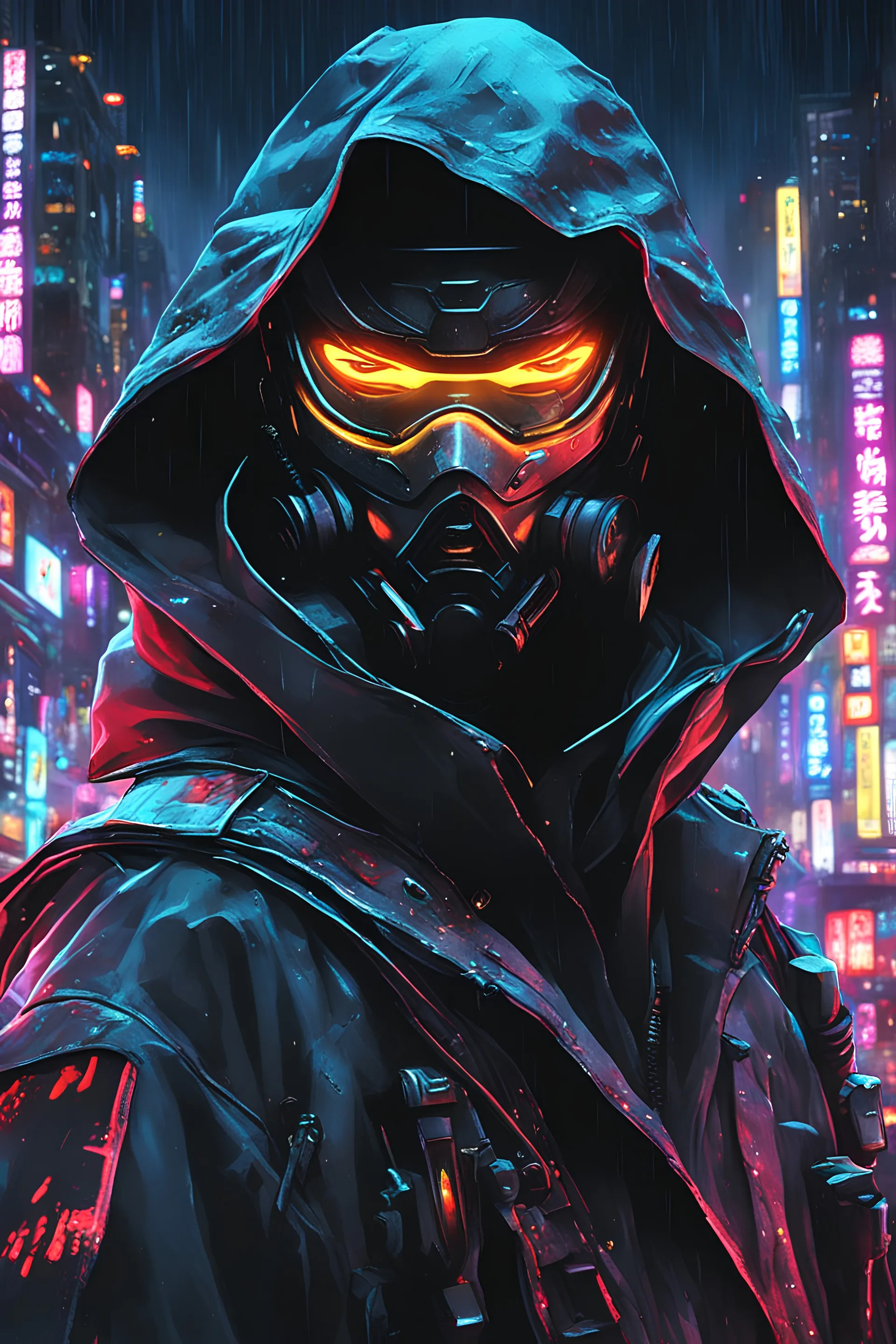 robo ninja scary eyes, masterpiece, best quality, half body, portrait, night city, anime, 3D, Korea, pixar, realistic, harajuku fashion style, mask with neon lights, rain coat, beautiful, colorful, neon lights, cyberpunk, illustration, sideways glance, foreshortening, extremely detailed 8K, smooth, high resolution, ultra quality, highly details, glare