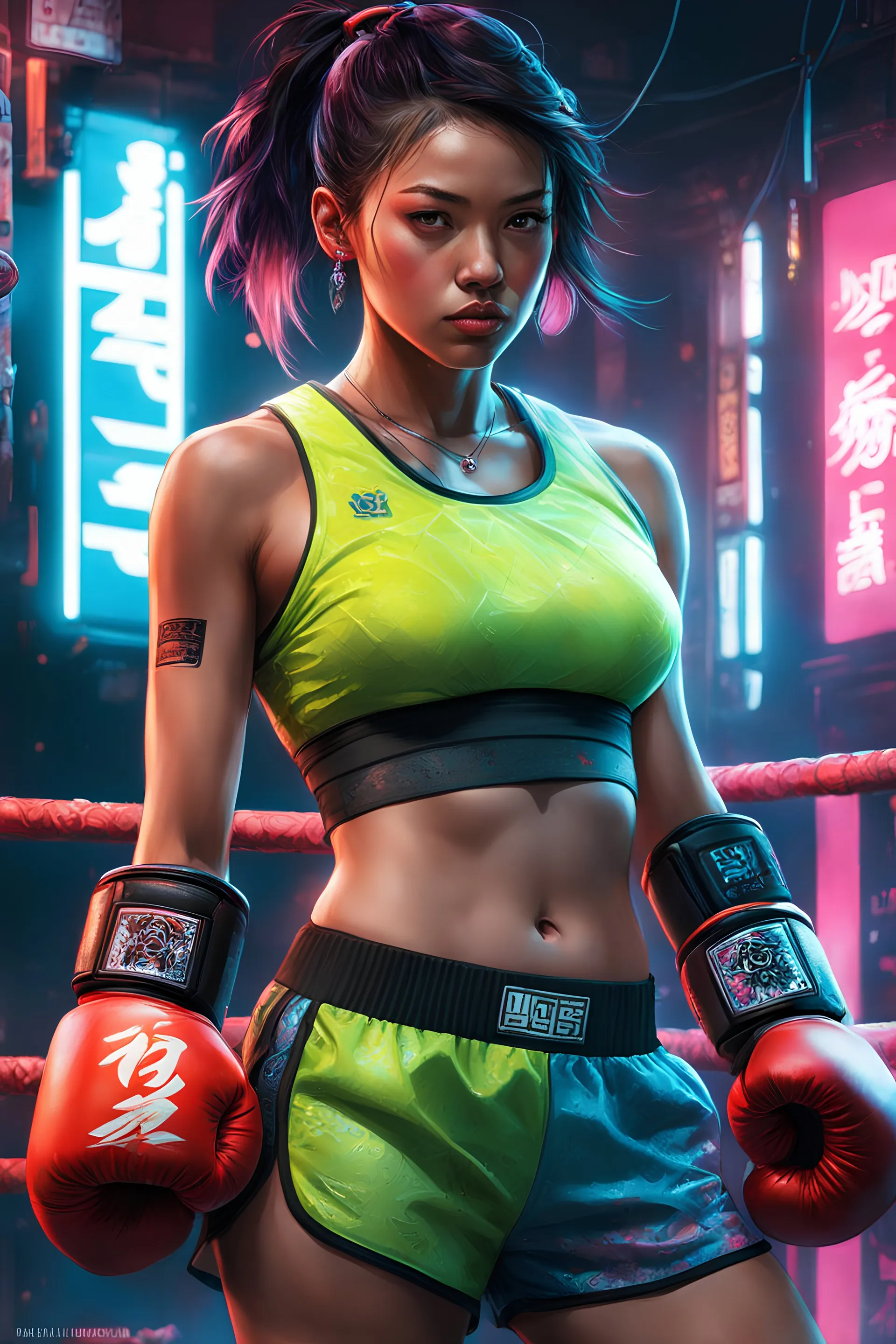 detailed portrait Neon boxer Brazilian Girl, cyberpunk futuristic neon, reflective crop top and shorts, boxing gloves, decorated with traditional Japanese ornaments by Ismail inceoglu dragan bibin hans thoma greg rutkowski Alexandros Pyromallis Nekro Rene Maritte Illustrated, Perfect face, fine details, realistic shaded, fine-face, pretty face