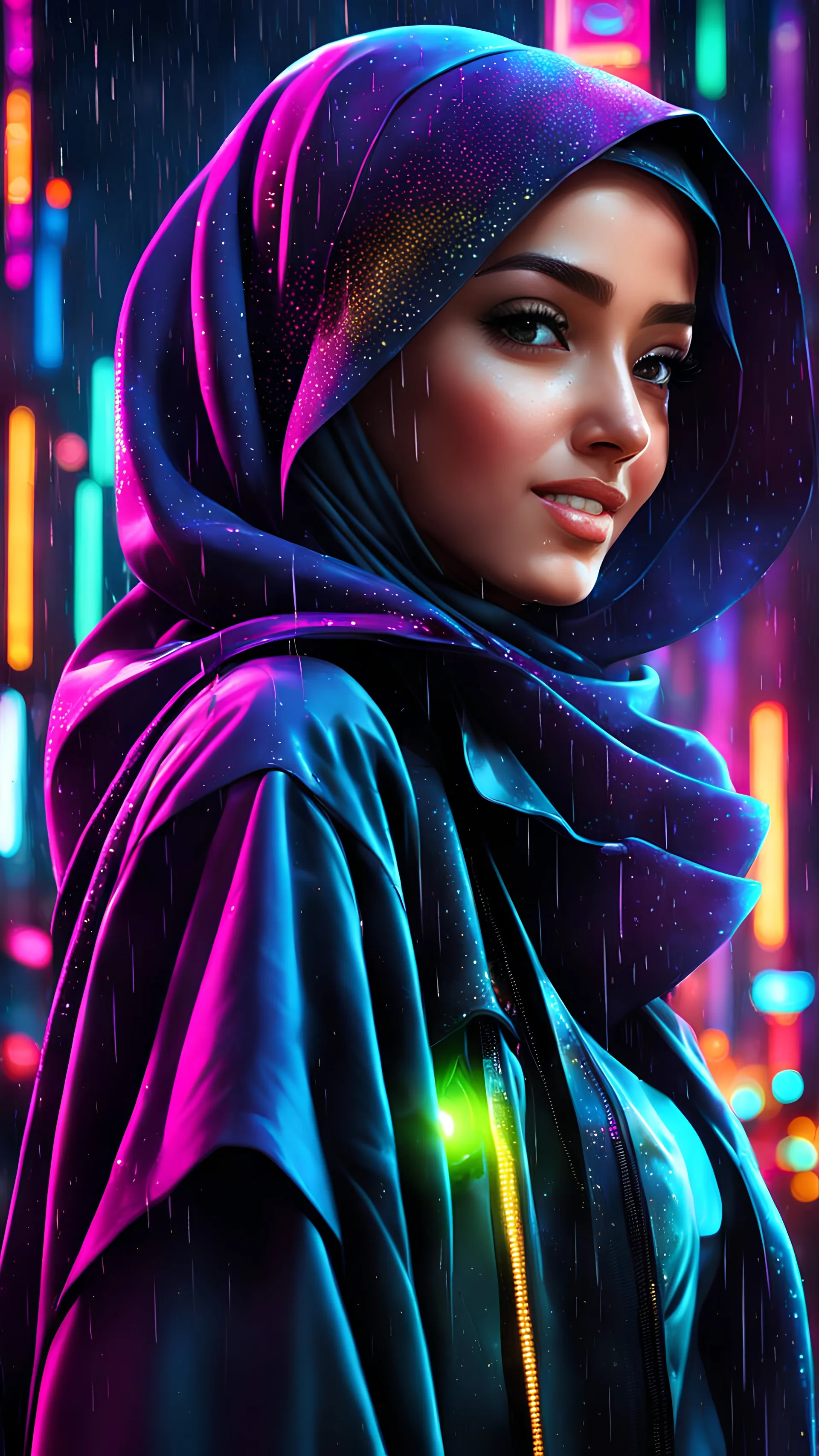 neon HIJAB arabian teen, best quality, half body, portrait, night city, 1girl, anime, 3D, Dubai, pixar, realistic, teen girl, smiling, cute face, rain coat, beautiful, colourful, neon lights, cyberpunk, smooth skin, illustration, sideways glance, foreshortening, extremely detailed 8K, smooth, high resolution, ultra quality, highly detail eyes, highly detail mouth, highly detailed face, perfect eyes, both eyes are the same, glare, model, DUBAI skyskrapers