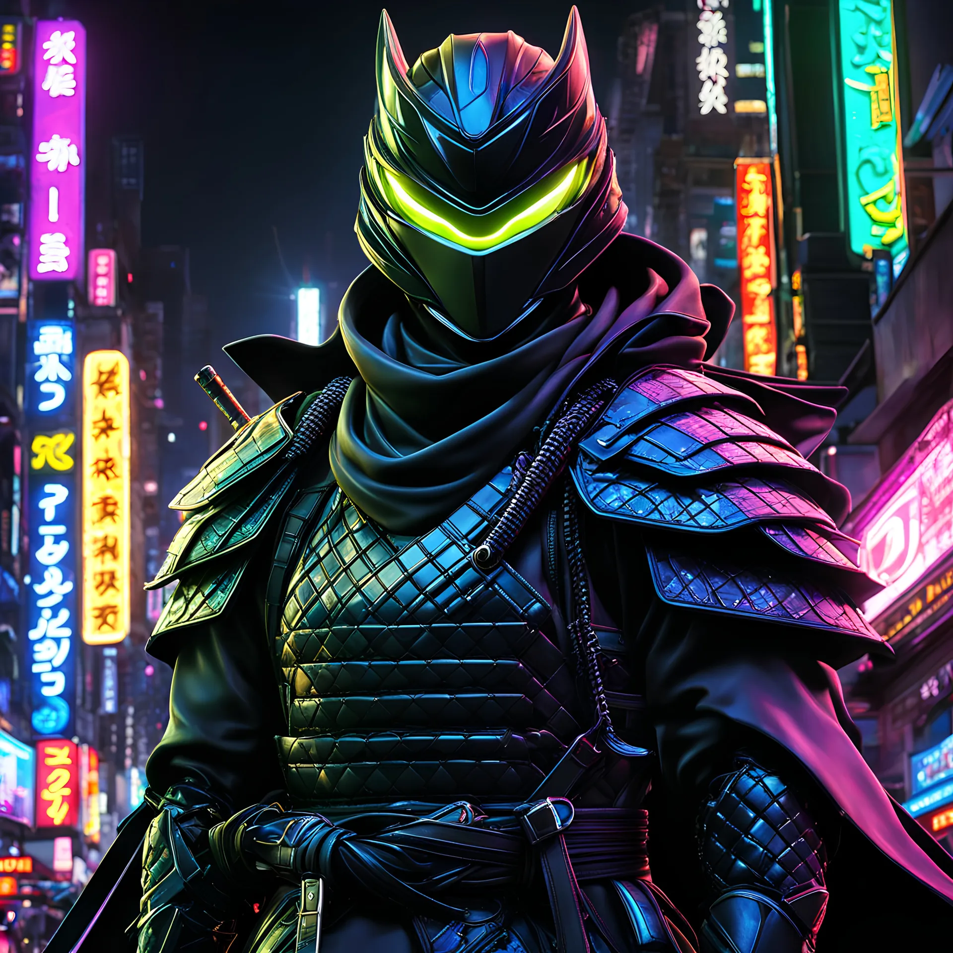 black duck ninja, masterpiece, best quality, half body, portrait, night city, anime, 3D, Korea, pixar, black duck samurai, harajuku fashion style, beautiful, colorful, neon lights, cyberpunk, illustration, by NaokiSaito, side look, foreshortening, 8K extremely detailed, smooth, high resolution, ultra quality, lots of details, brightness, side view,