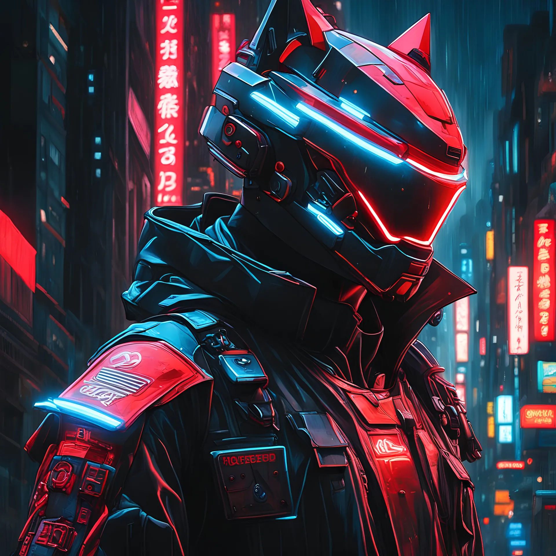 neon red robot cop, wolf head jacket, masterpiece, best quality, half body, portrait, night city, anime, 3D, Korea, pixar, realistic, robo cop, harajuku fashion style, rain coat, beautiful, colourful, neon lights, cyberpunk, illustration, by stanley artgerm lau, sideways glance, foreshortening, extremely detailed 8K, smooth, high resolution, ultra quality, highly details, glare, side view,