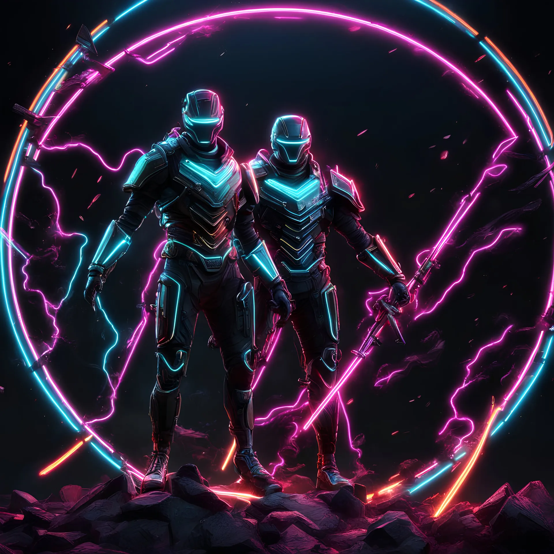 2 neon characters last men standing in a battle, dramatic, 8k best quality, high quality, 16k