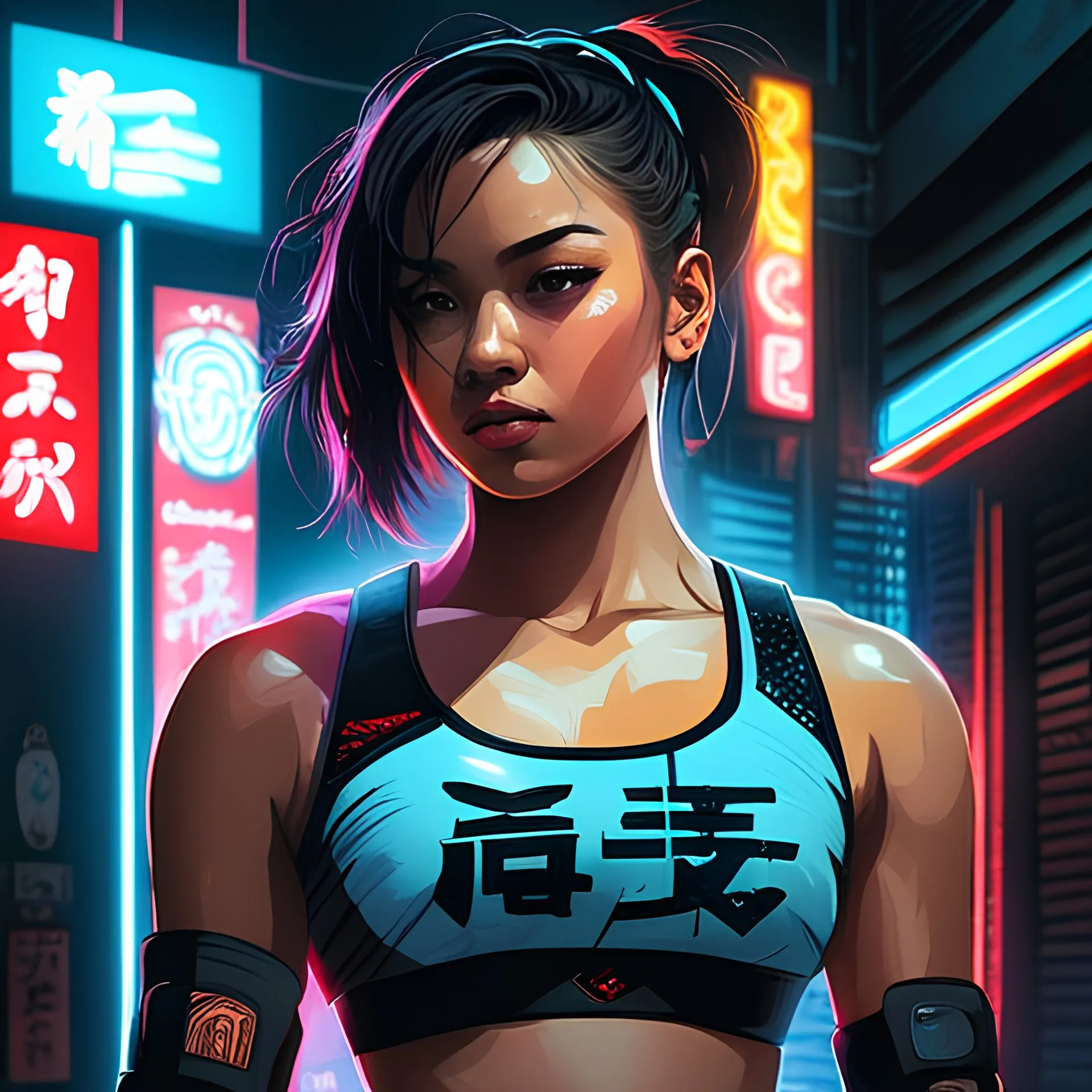 detailed portrait Neon boxer Brazilian Girl, cyberpunk futuristic neon, reflective crop top and shorts, boxing gloves, decorated with traditional Japanese ornaments by Ismail inceoglu dragan bibin hans thoma greg rutkowski Alexandros Pyromallis Nekro Rene Maritte Illustrated, Perfect face, fine details, realistic shaded, fine-face, pretty face