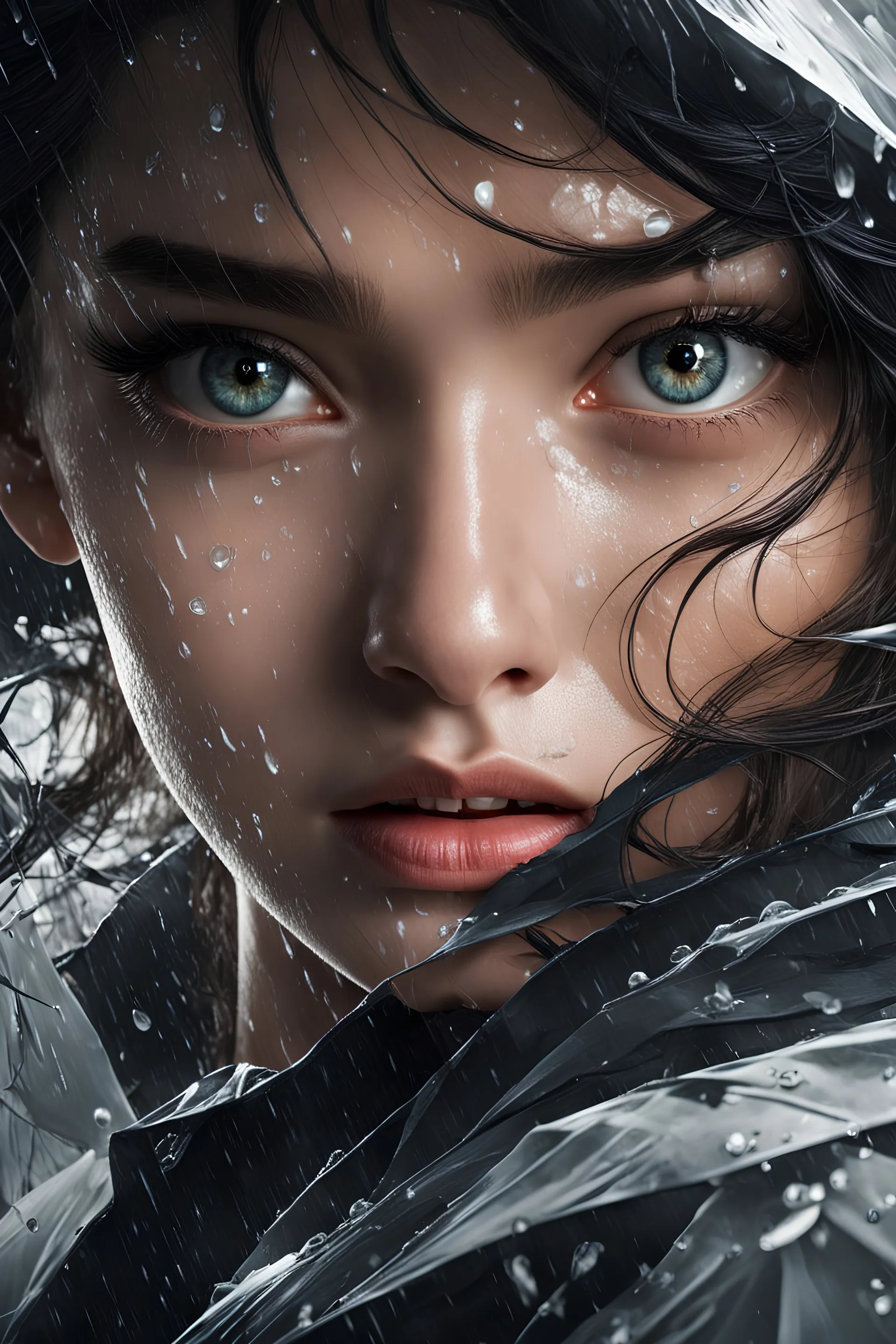 Masterpiece, 18 - year - old beautiful girl and monster, pearl - like eyes, extremely delicate facial depiction, heavy rain, medium shot, exaggerated perspective, poster, androgyny, fashion, dramatic lighting, strong tones, distortion style, 32k UHD