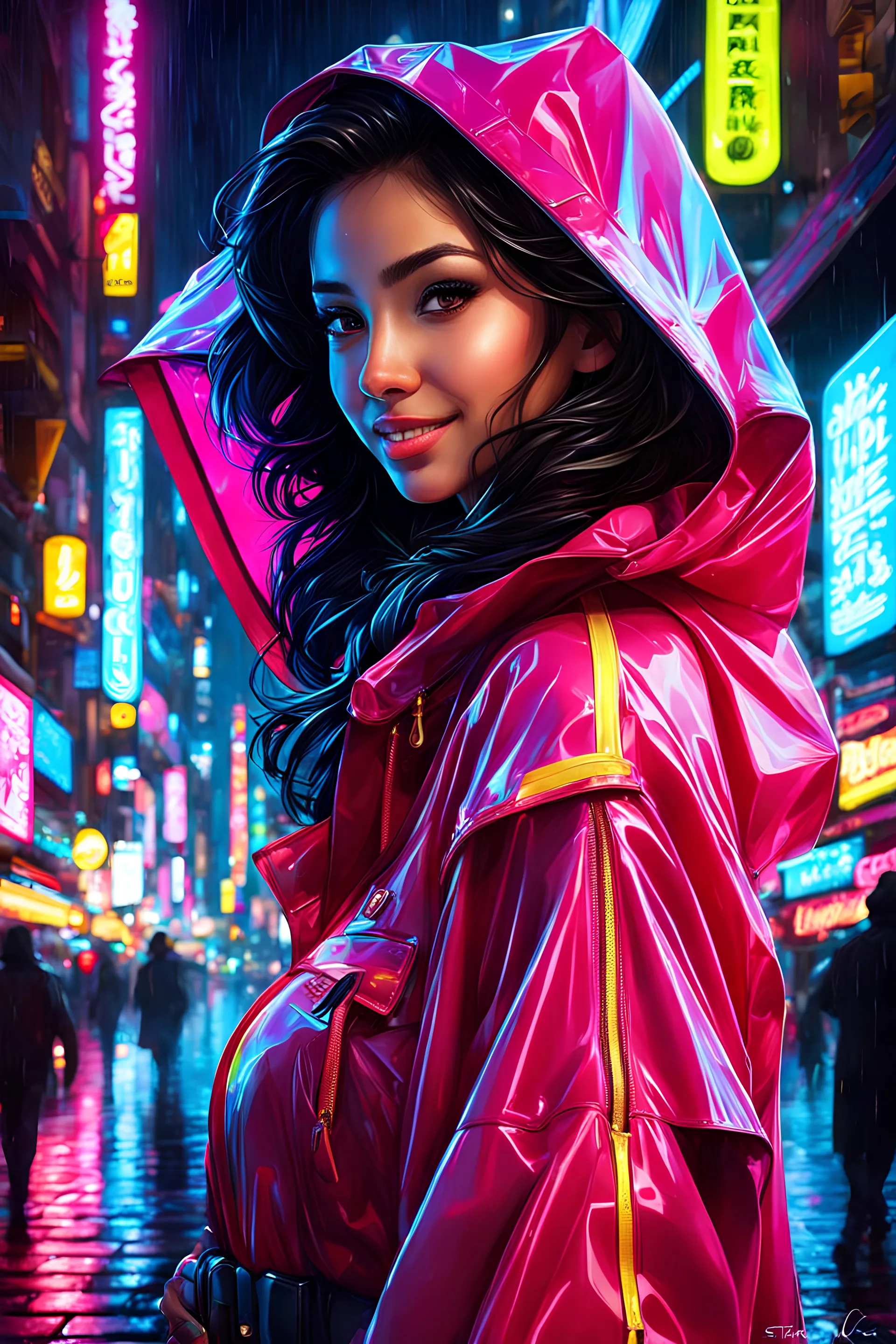 neon arabian teen, best quality, half body, portrait, night city, 1girl, anime, 3D, Dubai, pixar, realistic, teen girl, smiling, cute face, harajuku fashion style, rain coat, beautiful, colourful, neon lights, cyberpunk, smooth skin, illustration, by stanley artgerm lau, sideways glance, foreshortening, extremely detailed 8K, smooth, high resolution, ultra quality, highly detail eyes, highly detail mouth, highly detailed face, perfect eyes, both eyes are the same, glare, model