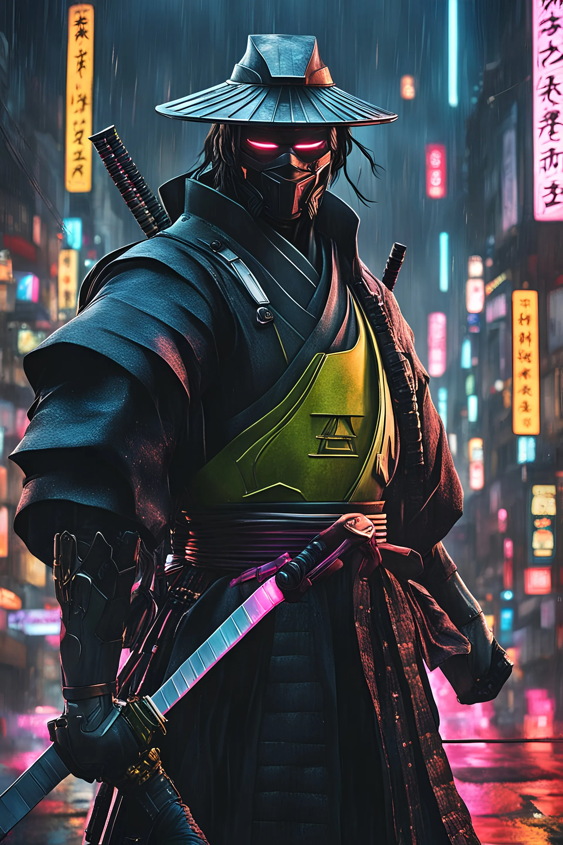 samurai man, masterpiece, best quality, half body, portrait, night city, anime, 3D, Korea, pixar, realistic, robo samurai, harajuku fashion style, mask with neon lights, rain coat, beautiful, colorful, neon lights, cyberpunk, illustration, by Stanley artgerm lau, sideways glance, foreshortening, extremely detailed 8K, smooth, high resolution, ultra quality, highly details, glare, side view,