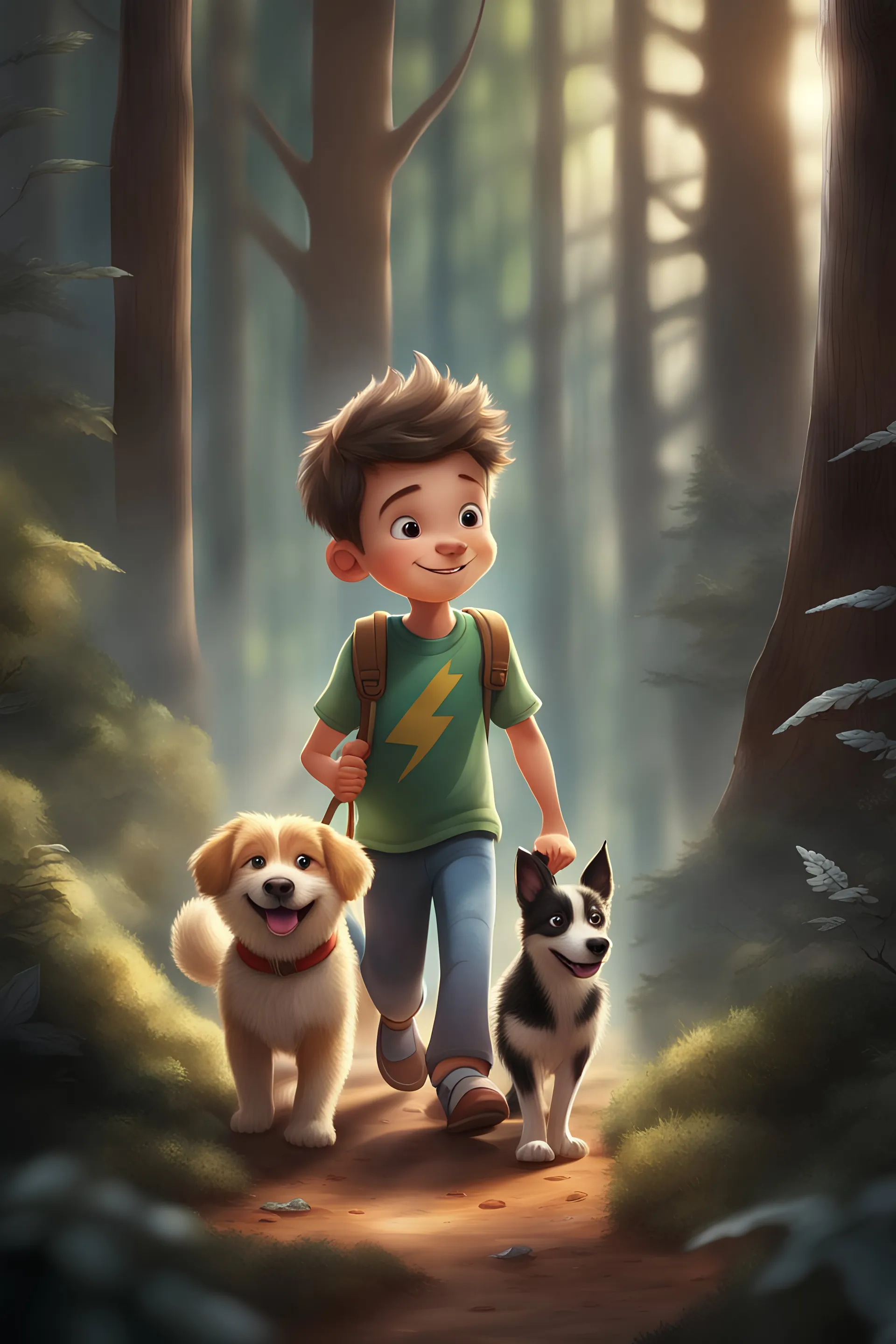 Draw Lucas, a smiling boy, holding his faithful friend, Bolt, the dog, as they walk through the forest together.