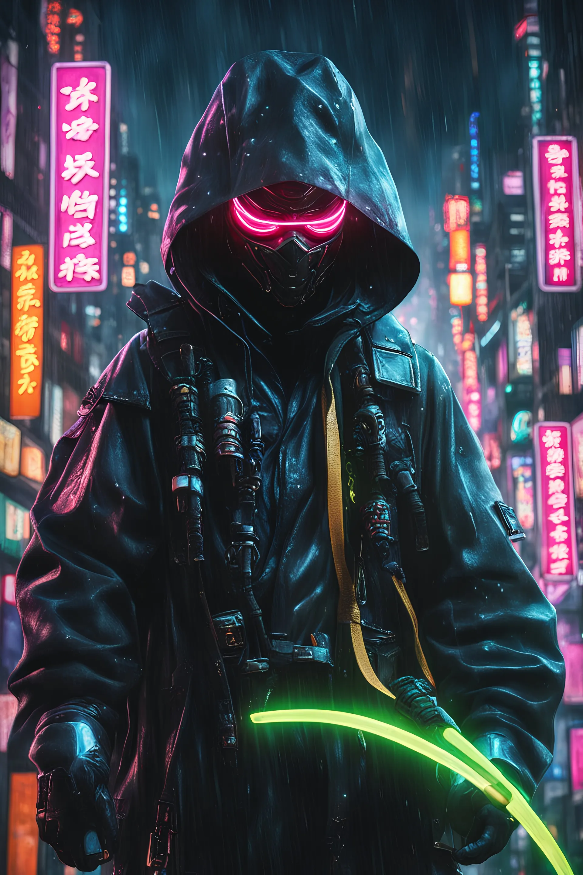 robo ninja, glowing eyes, masterpiece, best quality, half body, portrait, night city, anime, 3D, Korea, pixar, realistic, harajuku fashion style, mask with neon lights, rain coat, beautiful, colorful, neon lights, cyberpunk, illustration, sideways glance, foreshortening, extremely detailed 8K, smooth, high resolution, ultra quality, highly details, glare