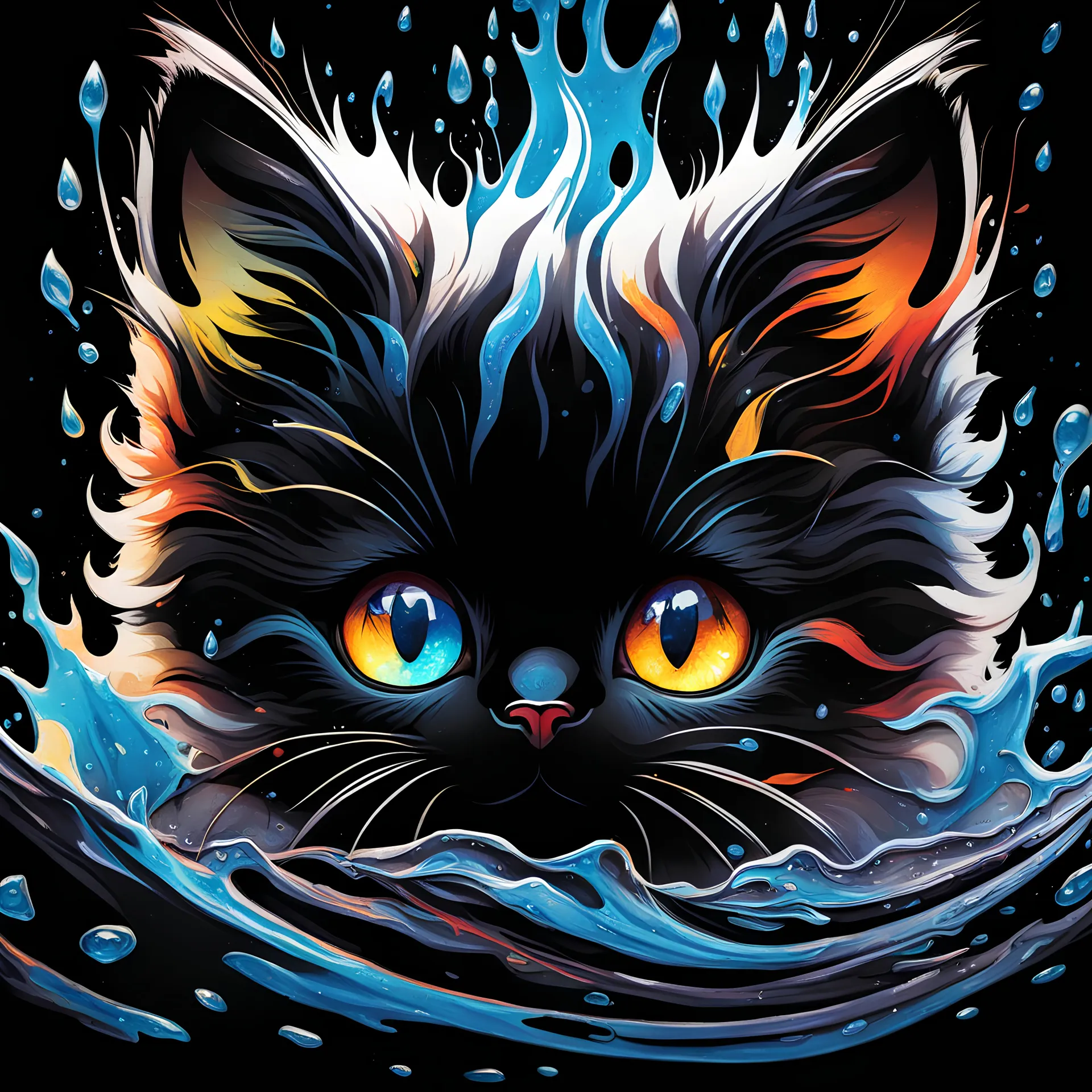 a cute kitten, Hyperdetailed Eyes, Tee-Shirt Design, Line Art, Black Background, Ultra Detailed Artistic, Detailed Gorgeous Face, Natural Skin, Water Splash, Colour Splash Art, Fire and Ice, Splatter, Black Ink, Liquid Melting, Dreamy, Glowing, Glamour, Glimmer, Shadows, Oil On Canvas, Brush Strokes, Smooth, Ultra High Definition, 8k, Unreal Engine 5, Ultra Sharp Focus, Intricate Artwork Masterpiece, Ominous, Golden Ratio, Highly Detailed, Vibrant, Production Cinematic Character Render, Ultra Hi