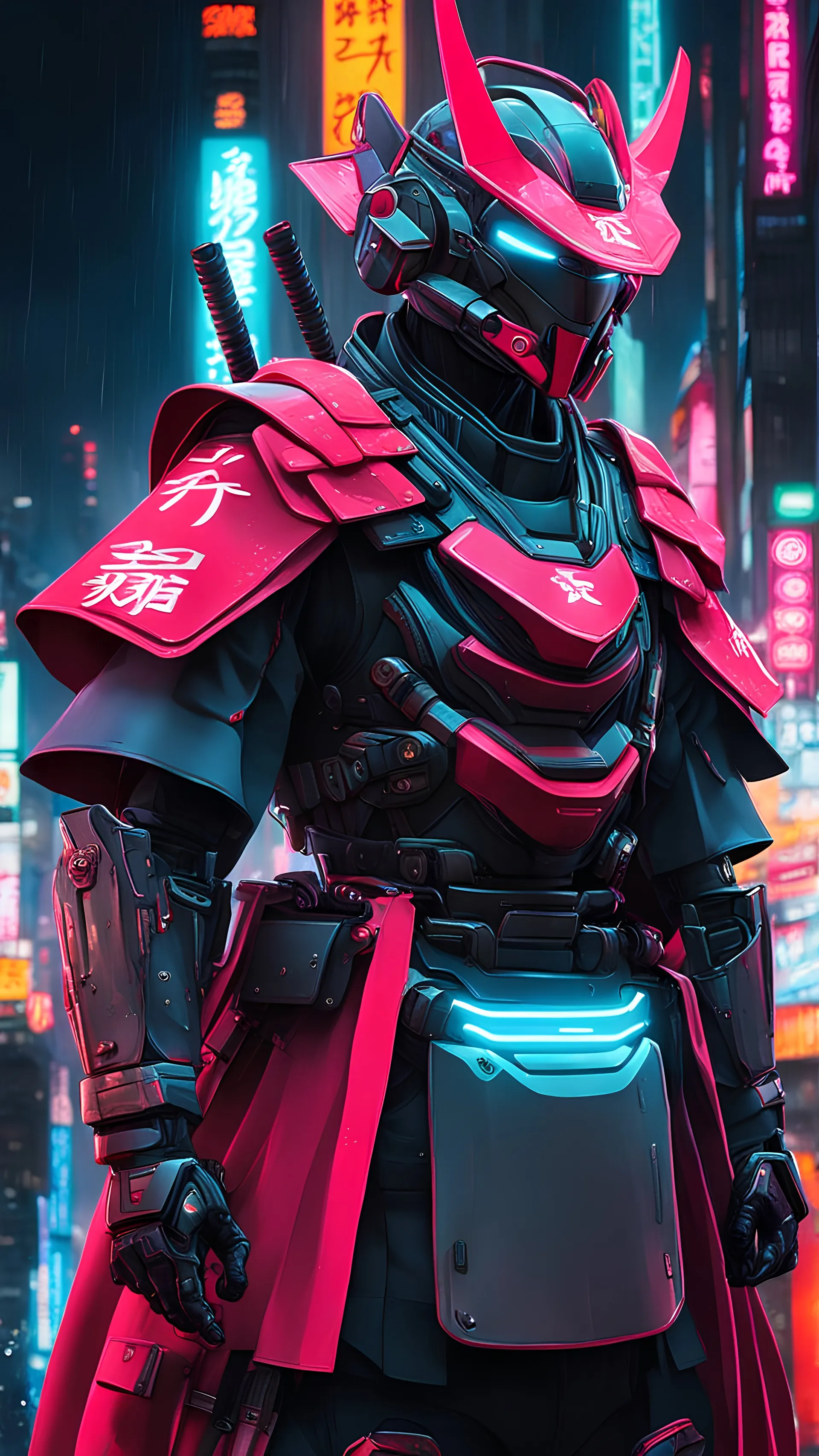 neon robot samurai, masterpiece, best quality, half body, portrait, night city, anime, 3D, Japan, pixar, realistic, robo cop, harajuku fashion style, rain coat, beautiful, colourful, neon lights, cyberpunk, illustration, by stanley artgerm lau, sideways glance, foreshortening, extremely detailed 8K, smooth, high resolution, ultra quality, highly details, glare, side view,handsome,