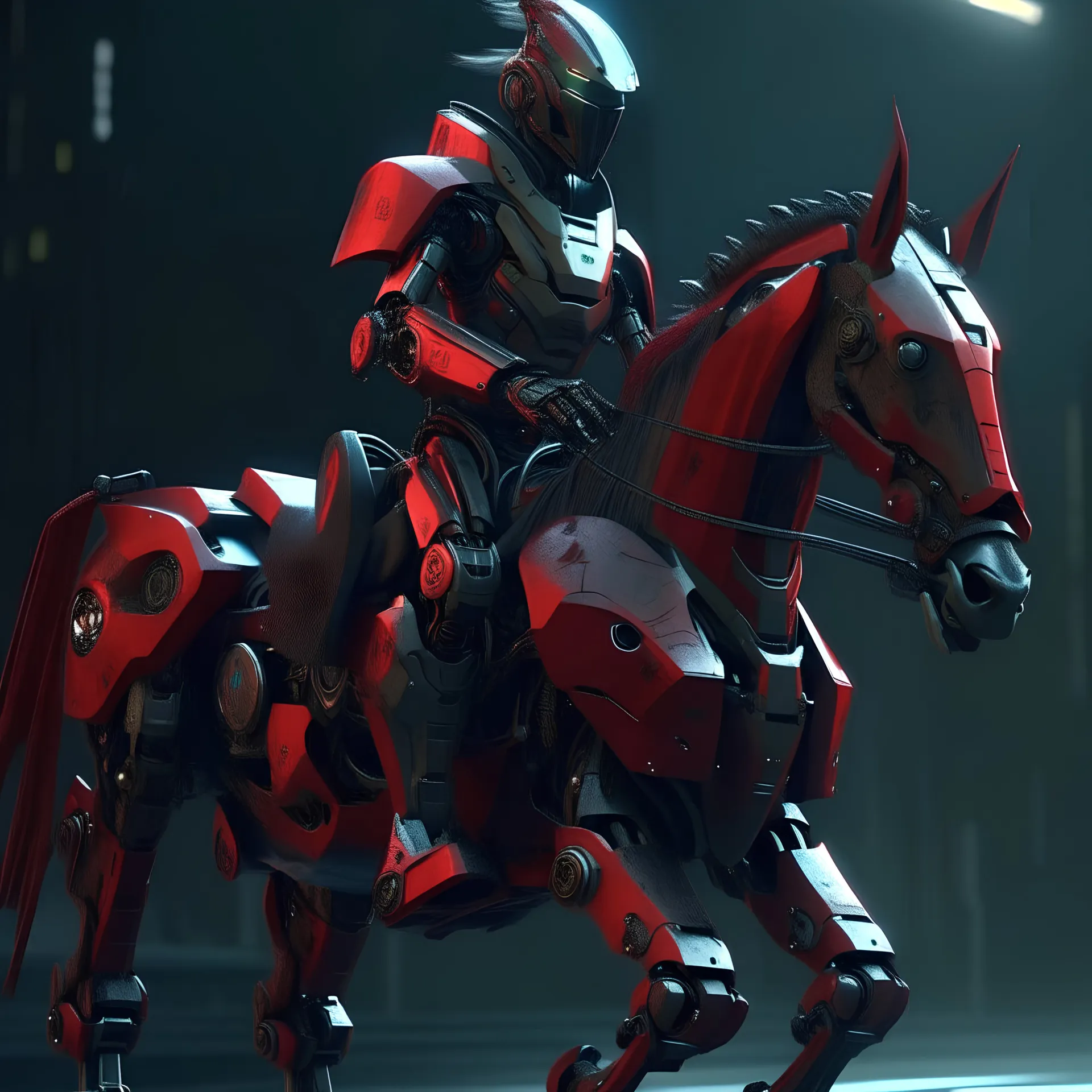 Armored cyberpunk robot riding a mechanical horse. The robot is wearing red and black futuristic armor. Fantasy cyberpunk style. CG rendered in detailed high quality.