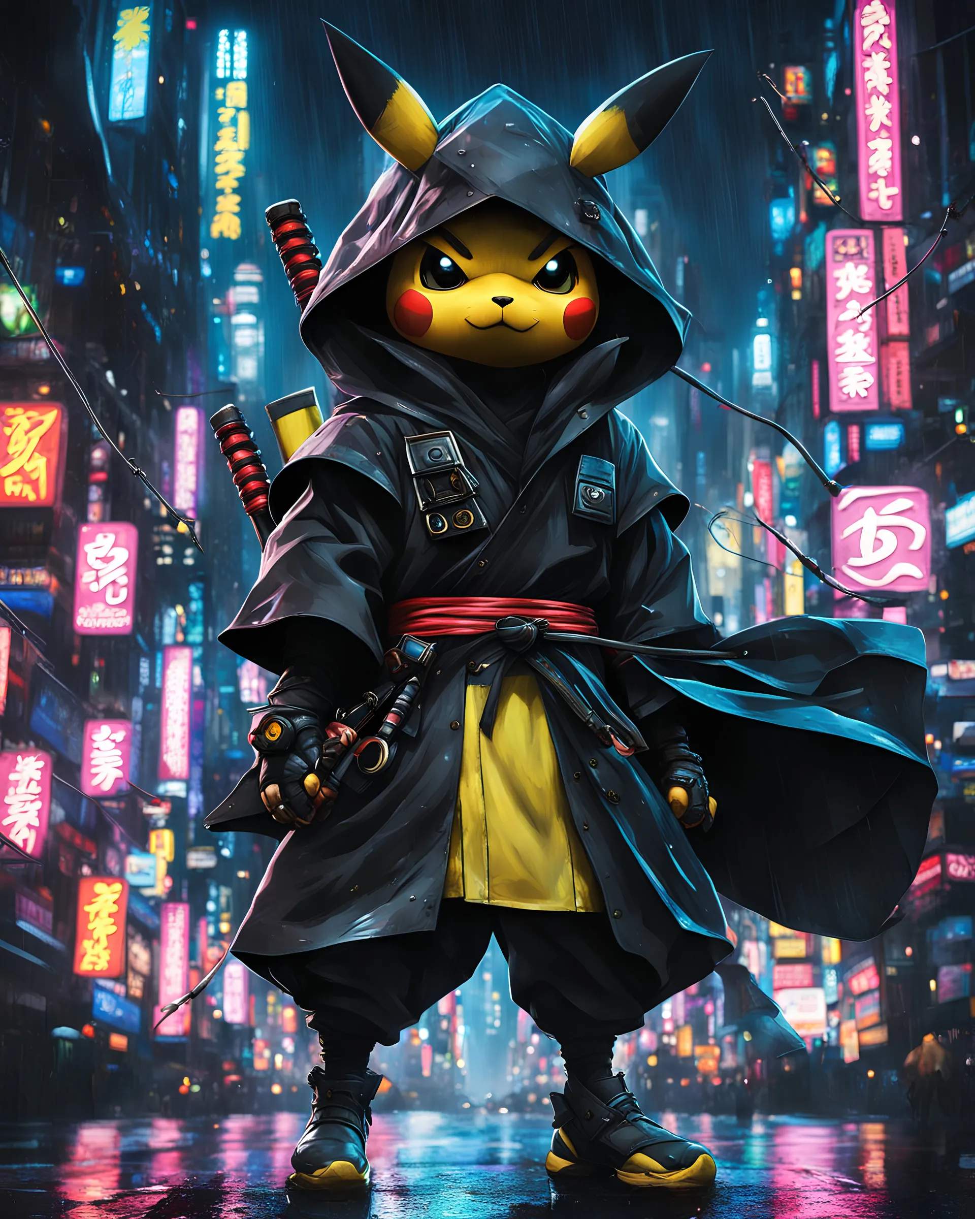 black pickachu ninja ,iot.net,masterpiece, best quality, half body, portrait, night city, anime, 4D, Korea, pixar, black cat samurai, harajuku fashion style, rain coat, beautiful, colorful, neon lights, cyberpunk, illustration, sideways glance, foreshortening, extremely detailed 8K, smooth, high resolution, ultra quality, highly details, glare, side view,Assassin, Rifle, Future, Asia, Night Time, City, Anime, Realistic,electricité,storm,