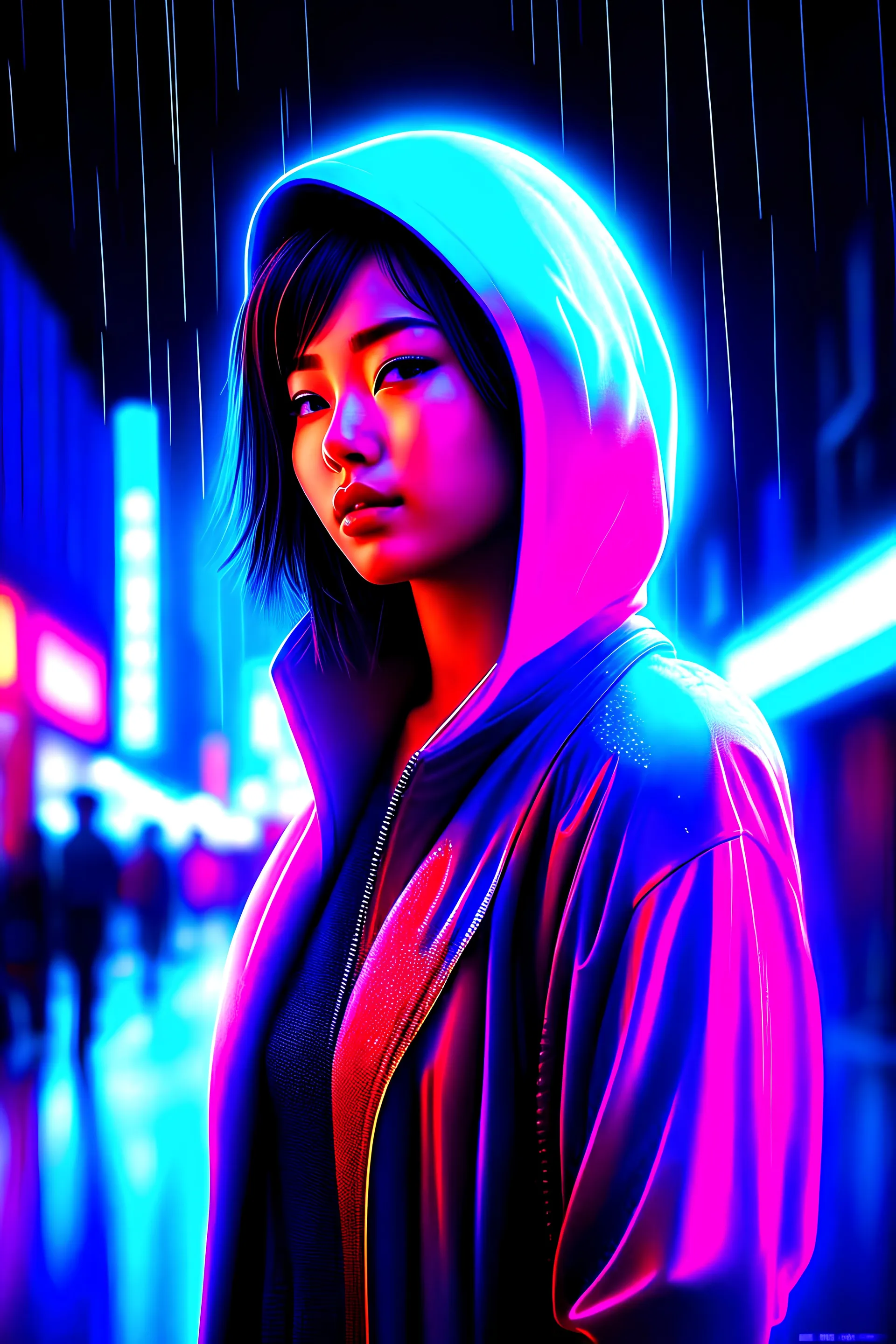 neon Chinese woman, masterpiece, best quality, half body, portrait, night city, 1girl, anime, 3D, Japan, pixar, realistic, teen girl, smiling, cute face, harajuku fashion style, rain coat, beautiful, colourful, neon lights, cyberpunk, smooth skin, illustration, by stanley artgerm lau, sideways glance, foreshortening, extremely detailed 8K, smooth, high resolution, ultra quality, highly detail eyes, highly detail mouth, highly detailed face, perfect eyes, both eyes are the same, glare, Iridescent