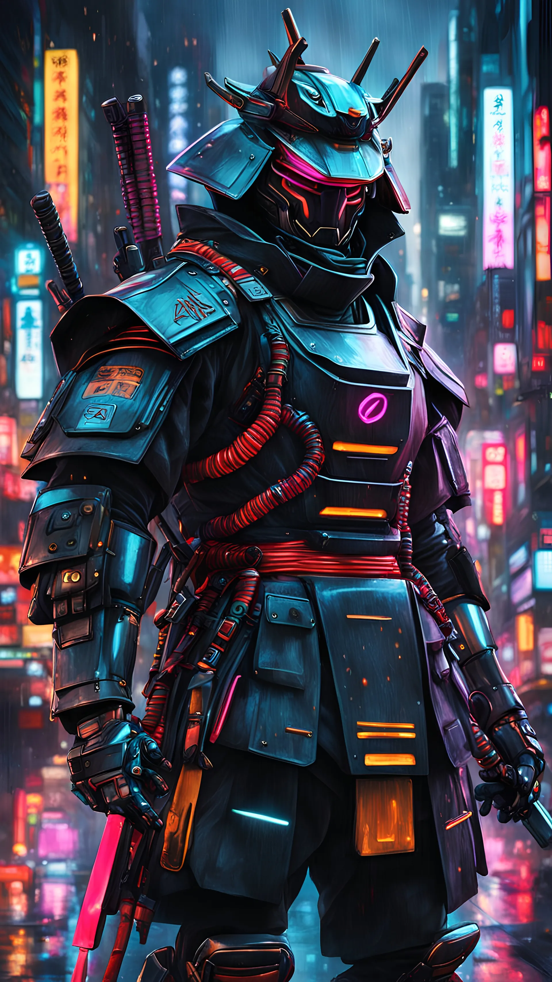 neon robot samurai, masterpiece, best quality, half body, portrait, night city, anime, 3D, Korea, pixar, realistic, robo cop, harajuku fashion style, rain coat, beautiful, colourful, neon lights, cyberpunk, illustration, by stanley artgerm lau, sideways glance, foreshortening, extremely detailed 8K, smooth, high resolution, ultra quality, highly details, glare, side view,blue