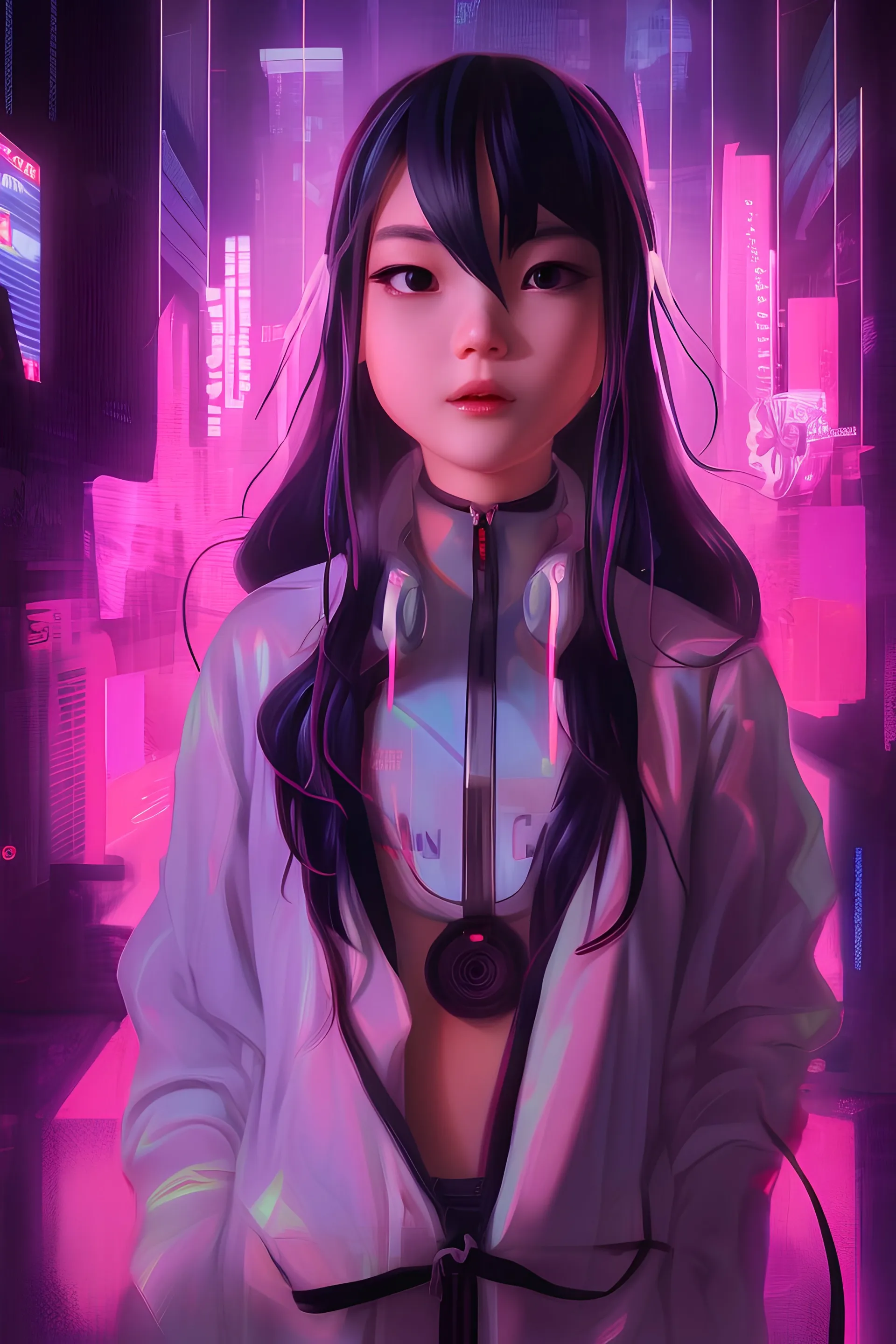 neon Chinese woman, masterpiece, best quality, half body, portrait, night city, 1girl, anime, 3D, Japan, pixar, realistic, teen girl, smiling, cute face, harajuku fashion style, rain coat, beautiful, colourful, neon lights, cyberpunk, smooth skin, illustration, by stanley artgerm lau, sideways glance, foreshortening, extremely detailed 8K, smooth, high resolution, ultra quality, highly detail eyes, highly detail mouth, highly detailed face, perfect eyes, both eyes are the same, glare, Iridescent