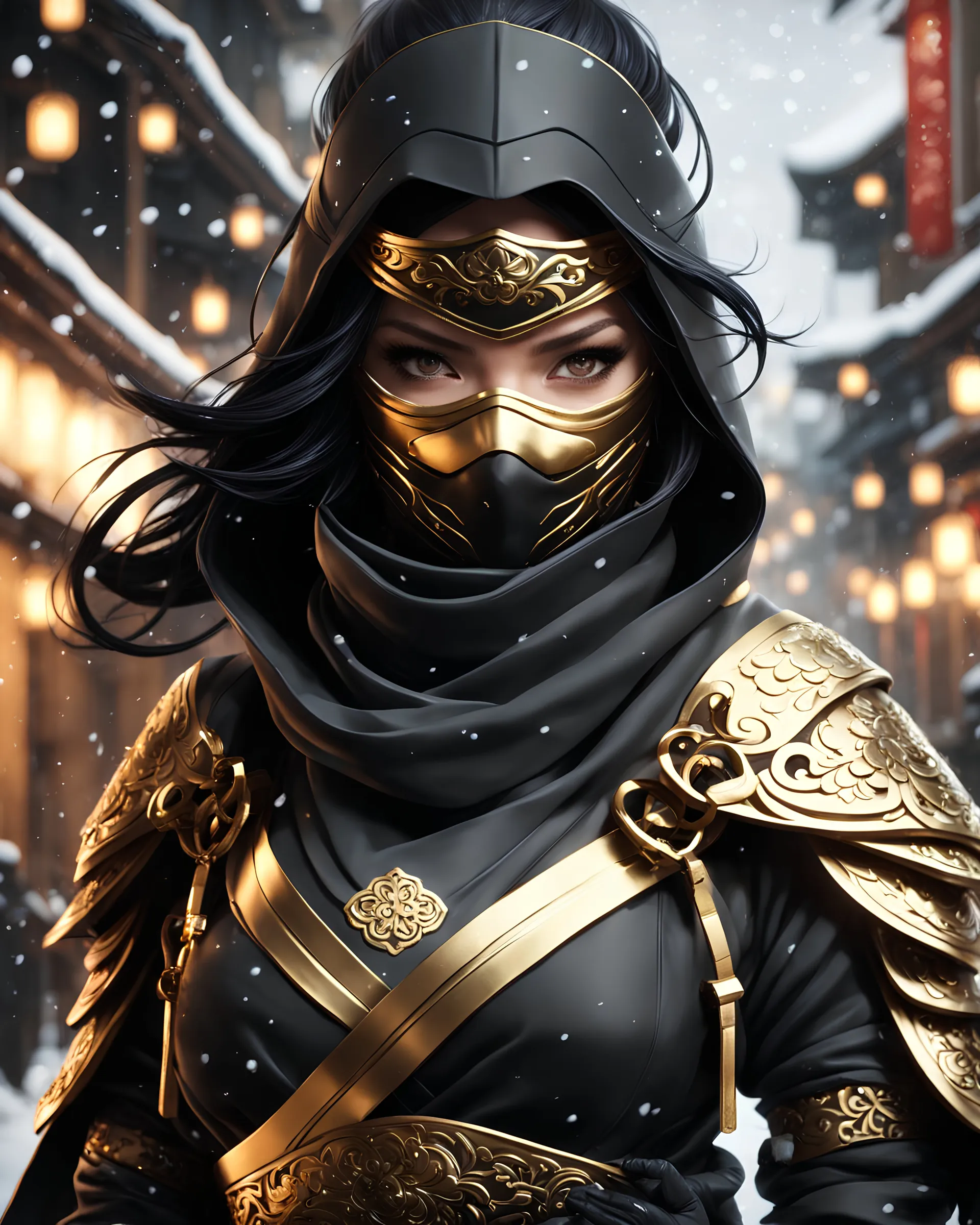 8k wallpaper of a mysterious beautiful masked kunoichi ninja wearing eyeliner and gold jewelry in the streets of a dark snowy town in moscow, by artgerm, beautiful intricate detail, trending on artstation, 8k, ((fluid motion)), stunning shading, by wlop, perfect eyes