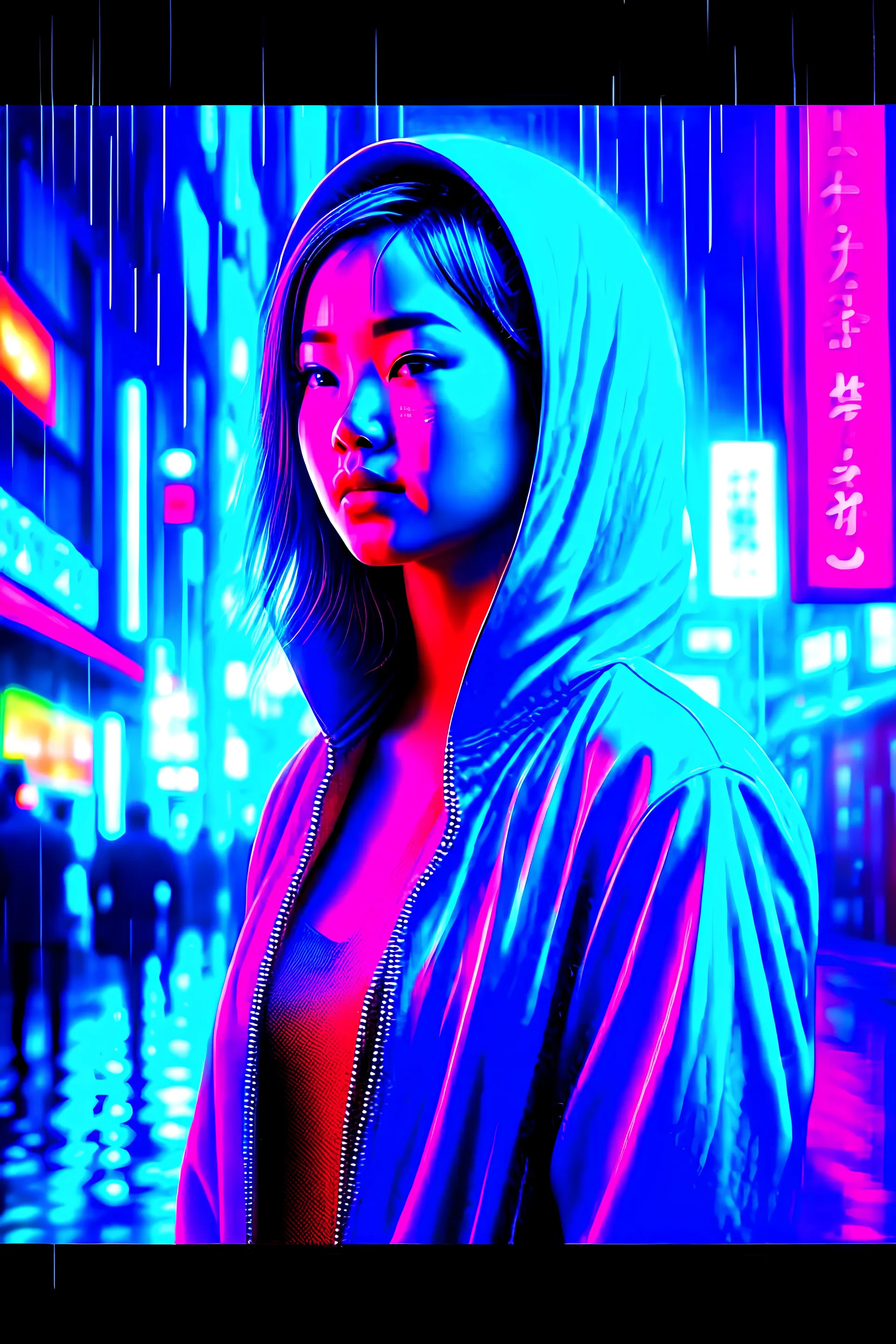 neon Chinese woman, masterpiece, best quality, half body, portrait, night city, 1girl, anime, 3D, Japan, pixar, realistic, teen girl, smiling, cute face, harajuku fashion style, rain coat, beautiful, colourful, neon lights, cyberpunk, smooth skin, illustration, by stanley artgerm lau, sideways glance, foreshortening, extremely detailed 8K, smooth, high resolution, ultra quality, highly detail eyes, highly detail mouth, highly detailed face, perfect eyes, both eyes are the same, glare, Iridescent