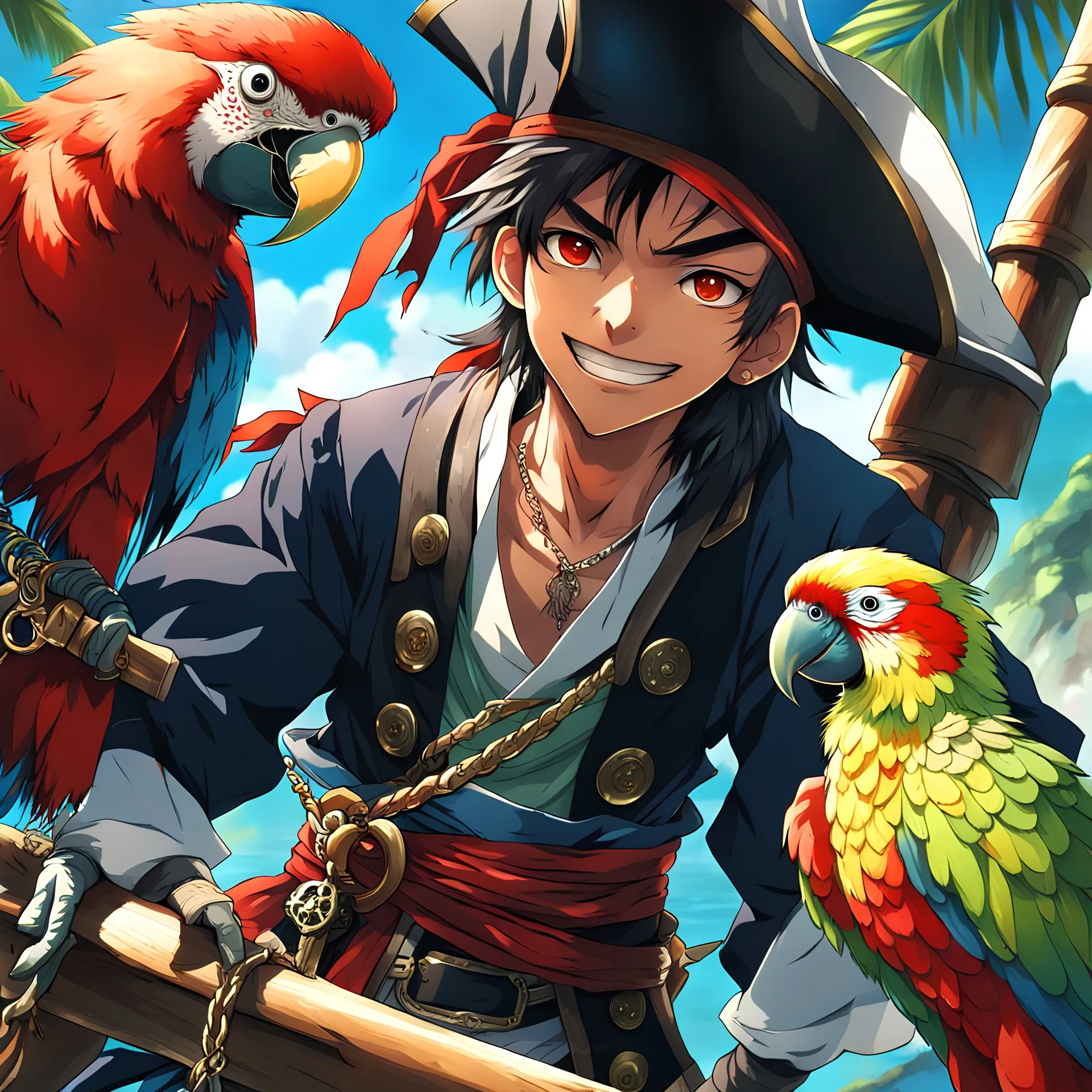 Anime, Japanese, Pirate, Boy, bloodlust, bloody, evil smile, high detail, High quality, a parrot, treasure