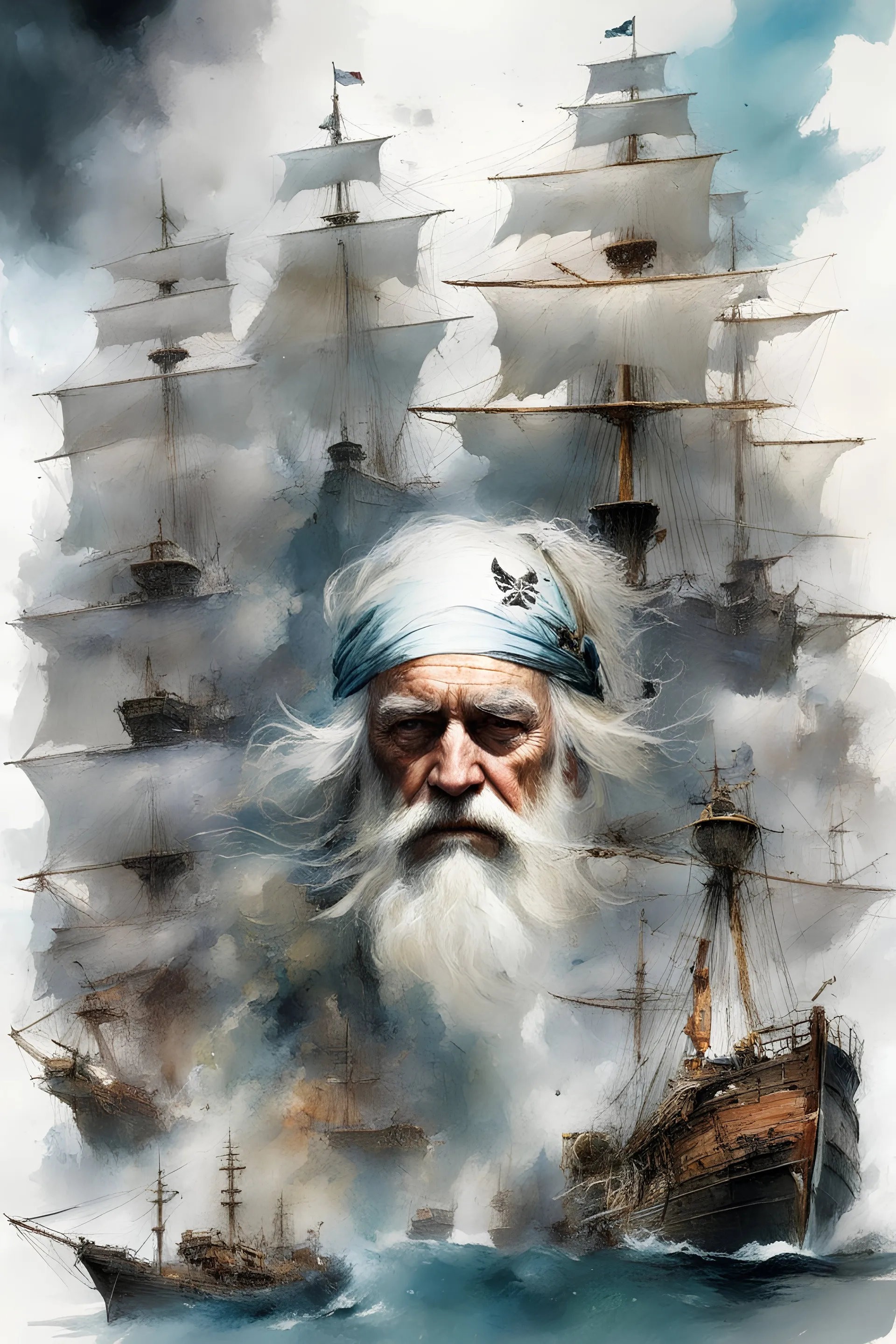 white beard pirate art by Carne Griffiths and Wadim Kashin,