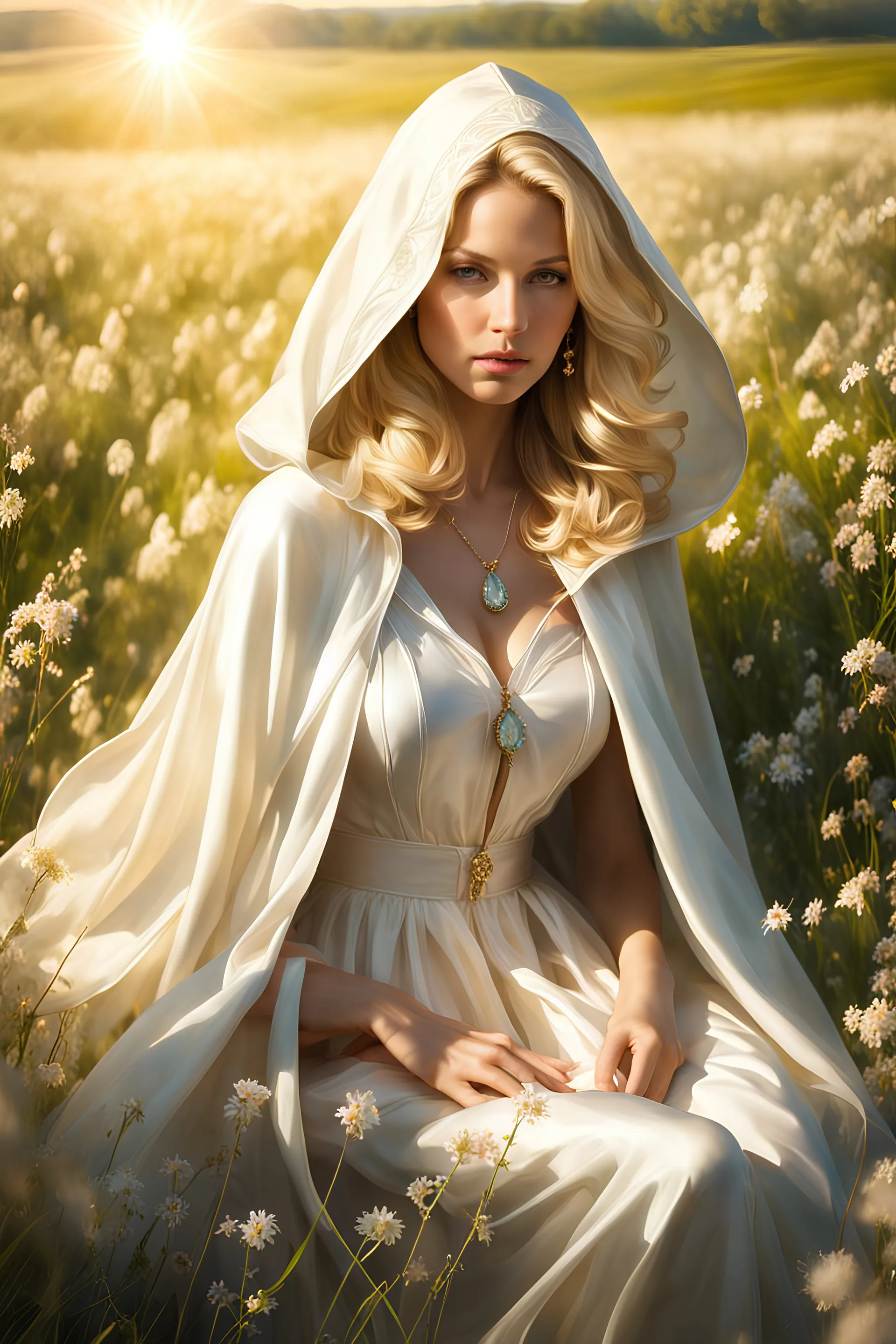 full body photoshoot of a blonde woman wearing a white hooded silk cape, The woman is portrayed in a meadow, sun light hits her face, her features bathed in a soft, diffused glow that accentuates the delicate nuances of her expression. The artist, drawing from Sargent's precision, captures every subtle contour of her face, pear jewelry, the intricacies of her gaze, and the cascading strands of her flowy white hair, In this mysterious ambiance, the artist employs da Vinci's mastery of shadow and