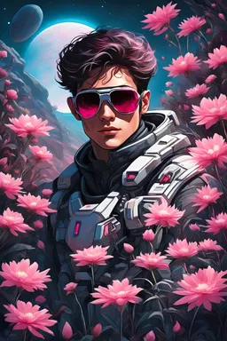 portrait of a futuristic explorer surrounded by pink flowers on an alien planet, ping sunglasses, night and fire