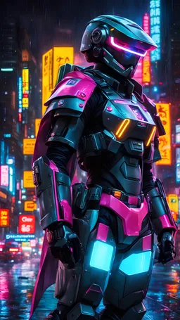 neon robot cop, masterpiece, best quality, half body, portrait, night city, anime, 3D, Korea, pixar, realistic, robo cop, harajuku fashion style, rain coat, beautiful, colourful, neon lights, cyberpunk, illustration, by stanley artgerm lau, sideways glance, foreshortening, extremely detailed 8K, smooth, high resolution, ultra quality, highly details, glare, side view,