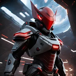 Anthropomorfic Alien character with red skin, as a scifi mercenary, insect like, front view, medium shot, spaceship interior background, epic poster art by greg rutkowsky, scifi, fantasy, action, breathtaking, digital painting, highly detailed, Pinterest, artstation, eve online, starfield.