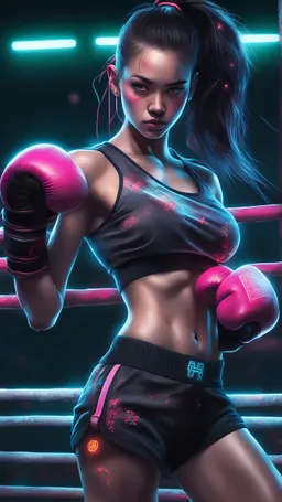 detailed portrait Neon boxer Brazilian Girl, cyberpunk futuristic neon, reflective crop top and shorts, boxing gloves, decorated with traditional Japanese ornaments by Ismail inceoglu dragan bibin hans thoma greg rutkowski Alexandros Pyromallis Nekro Rene Maritte Illustrated, Perfect face, fine details, realistic shaded, fine-face, pretty face