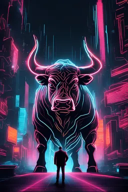 A huge bull through the neon city to a man. He looks at the man. The style of technology.