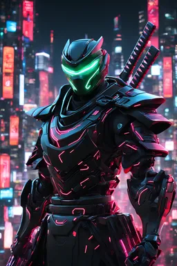 neon ninja robot, futuristic mask, best quality, 3D, half body, portrait, korea background, night city, 8k, neon katana