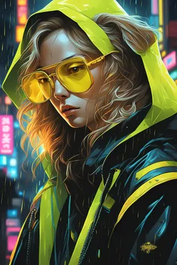 Golden retriever ,yellow neon glasses,masterpiece, best quality, portrait, night city, anime, 3D, Korea, pixar, realistic, robo samurai, harajuku fashion style, mask with neon lights,punk style rain coat, beautiful, colorful, neon lights, cyberpunk, illustration, by Stanley artgerm lau, sideways glance, foreshortening, extremely detailed 8K, smooth, high resolution, ultra quality, highly details, glare, side view,