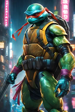 ninja turtle, neon robot cop, masterpiece, best quality, half body, portrait, night city, anime, 3D, Korea, pixar, realistic, robo cop, harajuku fashion style, rain coat, beautiful, colourful, neon lights, cyberpunk, illustration, by stanley artgerm lau, sideways glance, foreshortening, extremely detailed 8K, smooth, high resolution, ultra quality, highly details, glare, side view,