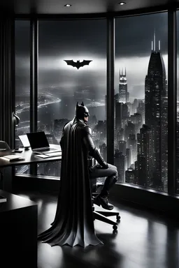 At the focal point of the office, strategically positioned against the impressive city view, integrate a subtle yet impactful Batman logo. The logo serves as a striking emblem, subtly embracing the essence of Gotham's legendary protector. The midnight setting enhances the drama, creating a realistic and visually arresting image that seamlessly blends the sleekness of a contemporary office with the mystique of Gotham City and the iconic presence of Batman.