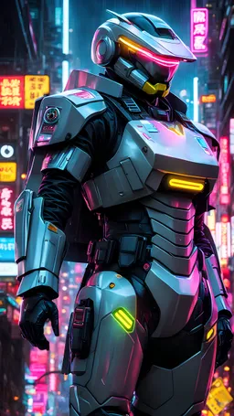 neon robot cop, masterpiece, best quality, half body, portrait, night city, anime, 3D, Korea, pixar, realistic, robo cop, harajuku fashion style, rain coat, beautiful, colourful, neon lights, cyberpunk, illustration, by stanley artgerm lau, sideways glance, foreshortening, extremely detailed 8K, smooth, high resolution, ultra quality, highly details, glare, side view, space suit