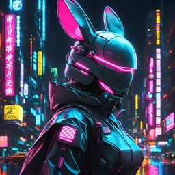 neon robotic bunny, fully masked, masterpiece, best quality, half body, portrait, night city, anime, 3D, Korean, pixar, realistic, robo cop, harajuku fashion style, rain coat, beautiful, colourful, neon lights, cyberpunk, illustration, by stanley artgerm lau, sideways glance, foreshortening, extremely detailed 8K, smooth, high resolution, ultra quality, highly details, glare, side view,