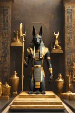 "Generate a detailed portrayal of Anubis, the Egyptian God of the Afterlife, focusing on his distinctive jackal-headed appearance, weighing scales, and ankh. Highlight Anubis' role in guiding souls through the judgment process and his significance in ancient Egyptian funerary rites."